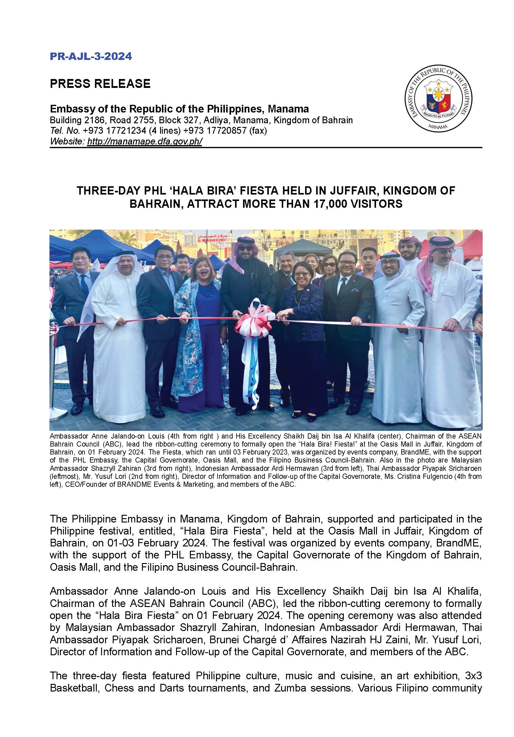 PR AJL 3 2024 THREE DAY PHL HALA BIRA FIESTA HELD IN JUFFAIR KINGDOM OF BAHRAIN ATTRACT MORE THAN 17000 VISITORS Page 1