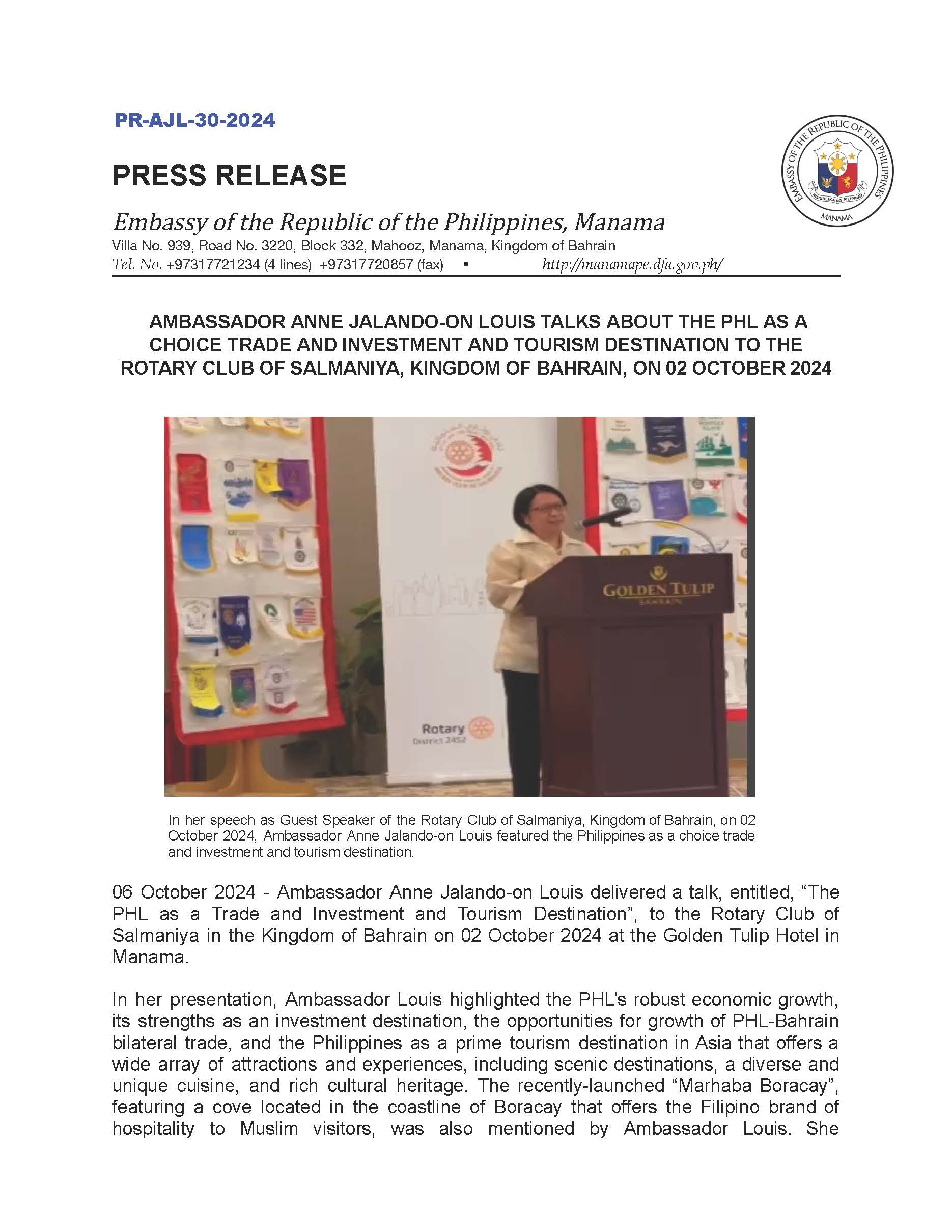 PR AJL 30 2024 AMB ANNE JALANDO ON LOUIS TALKS ABOUT THE PHL AS A CHOICE TRADE AND INVESTMENT AND TOURISM DESTINATION TO THE ROTARY CLUB OF SALMANIYA ON 02 OCTOBER 2024 Page 1