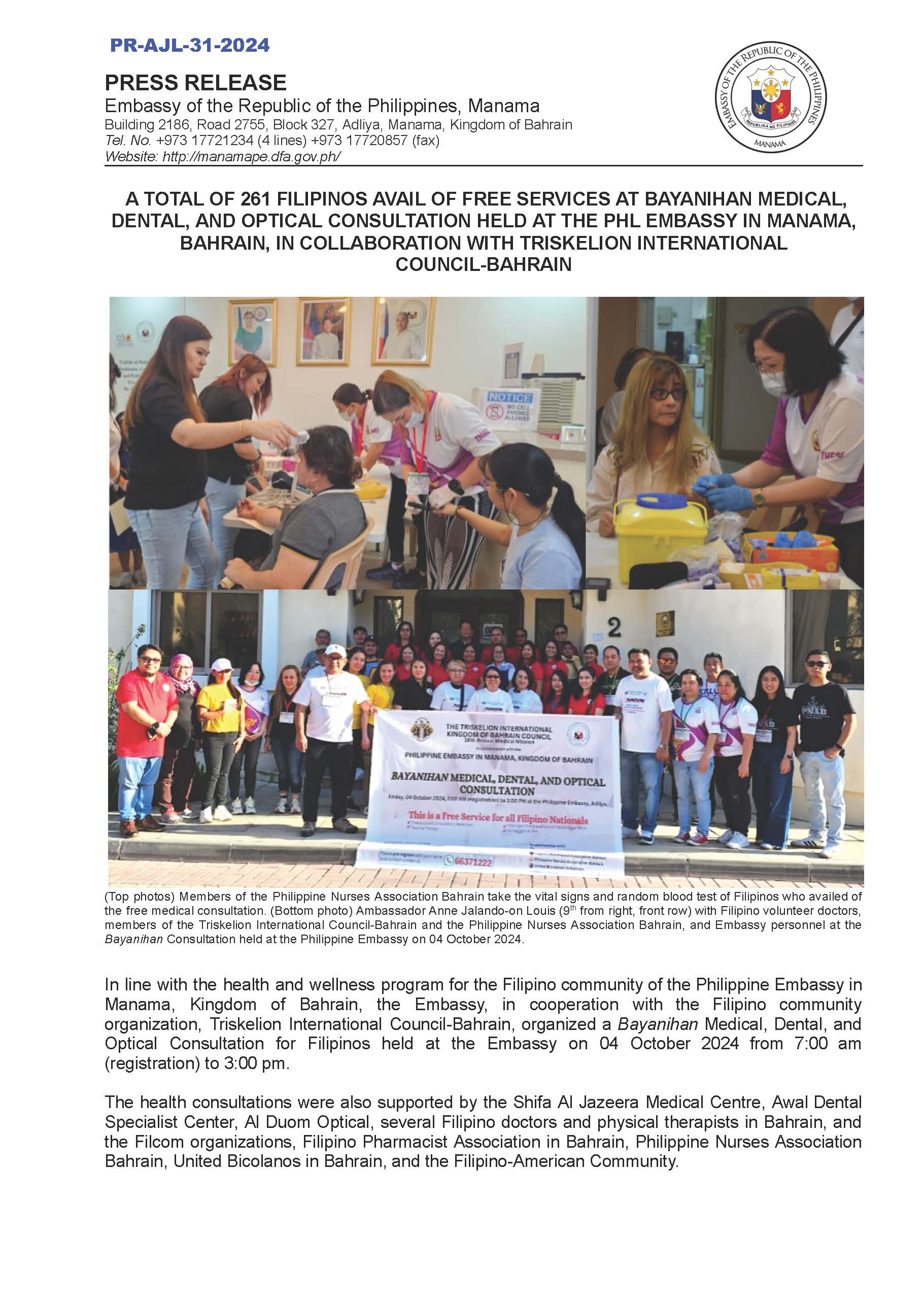 PR AJL 31 2024 A TOTAL OF 261 FILIPINOS AVAIL OF FREE SERVICES AT BAYANIHAN MEDICAL DENTAL AND OPTICAL CONSULTATION IN COLLABORATION WITH TRISKELION INTL COUNCIL BAH Page 1