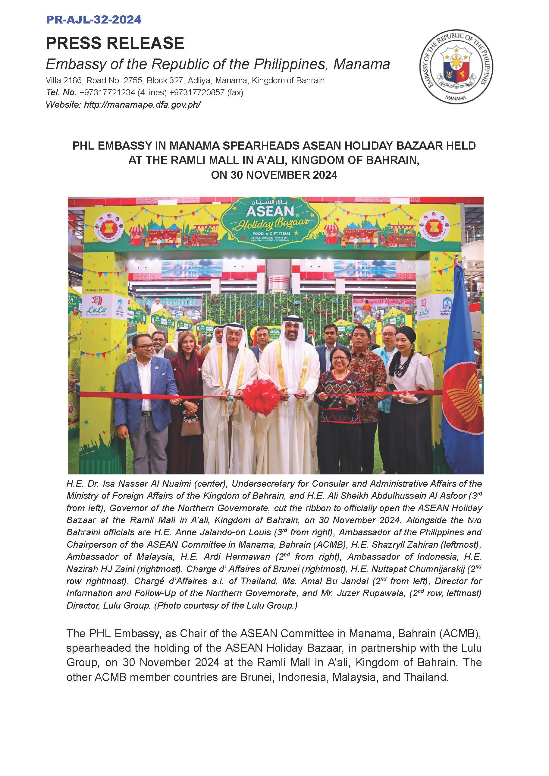 PR AJL 32 2024 PHL EMBASSY IN MANAMA SPEARHEADS ASEAN HOLIDAY BAZAAR HELD AT THE RAMLI MALL IN A ALI KINGDOM OF BAHRAIN ON 30 NOVEMBER 2024 Page 1