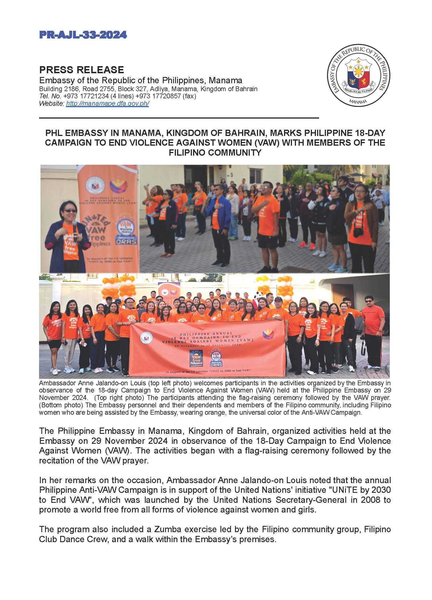 PR AJL 33 2024 PHL EMBASSY IN MANAMA KINGDOM OF BAHRAIN MARKS PHILIPPINE 18 DAY CAMPAIGN TO END VIOLENCE AGAINST WOMEN VAW WITH MEMBERS OF THE FILIPINO COMMUNITY Page 1