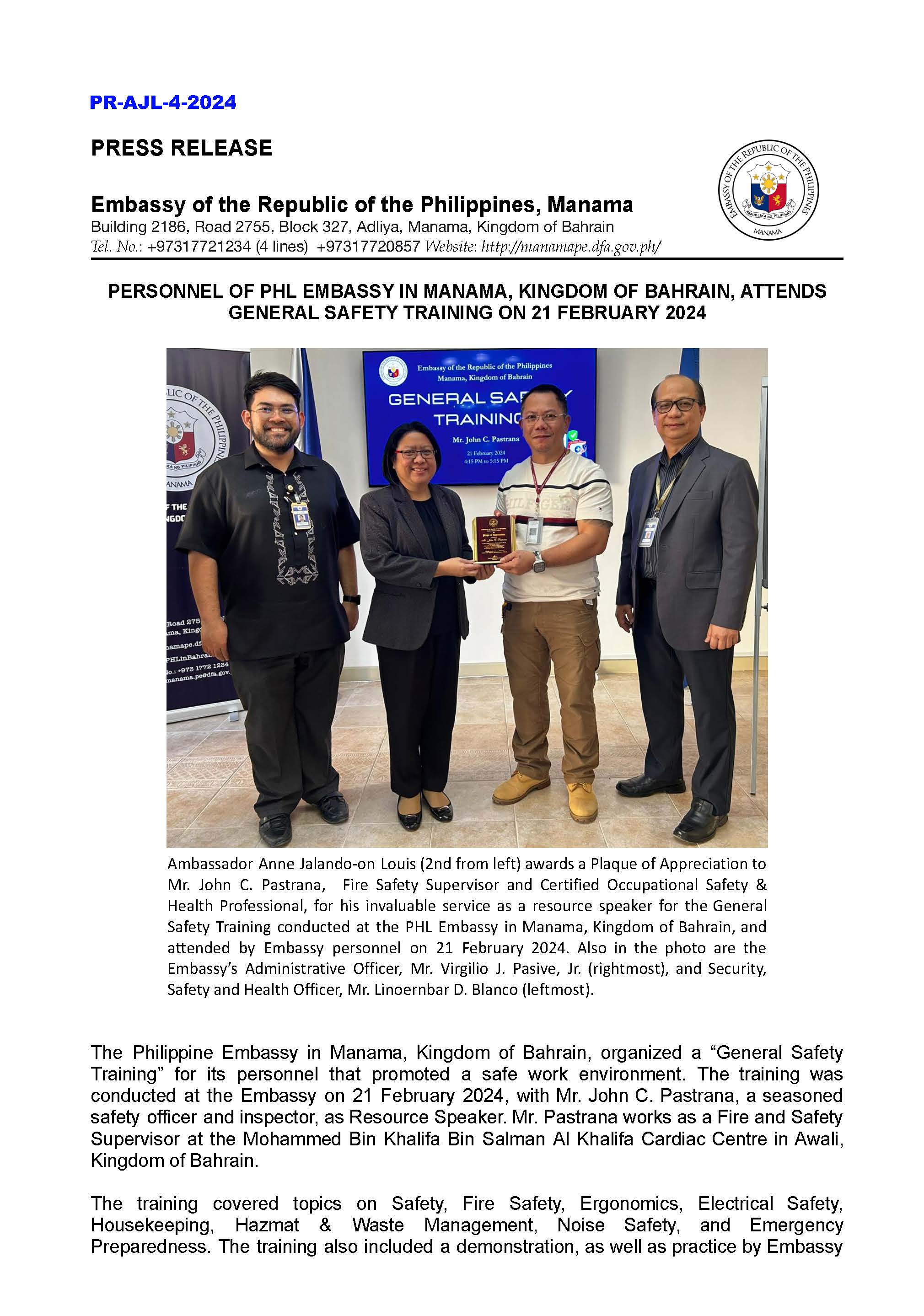 PR AJL 4 2024 PERSONNEL OF PHL EMBASSY IN MANAMA KINGDOM OF BAHRAIN ATTENDS GENERAL SAFETY TRAINING ON 21 FEBRUARY 2024 Page 1