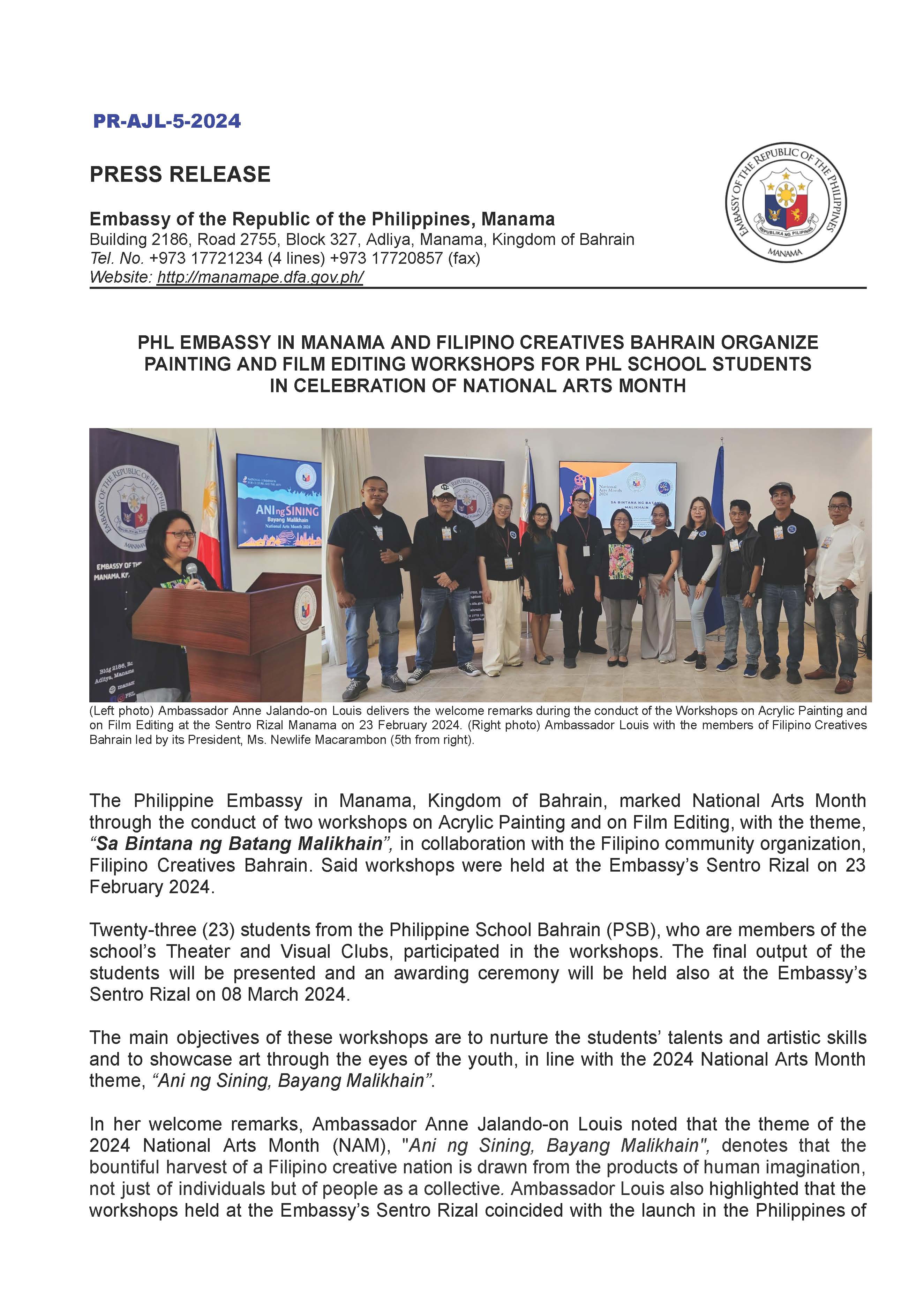 PR AJL 5 2024 PHL EMBASSY IN MANAMA AND FILIPINO CREATIVES BAHRAIN ORGANIZE PAINTING AND FILM EDITING WORKSHOPS FOR PHL SCHOOL STUDENTS IN CELEBRATION OF NATIONAL ARTS MONTH Page 1