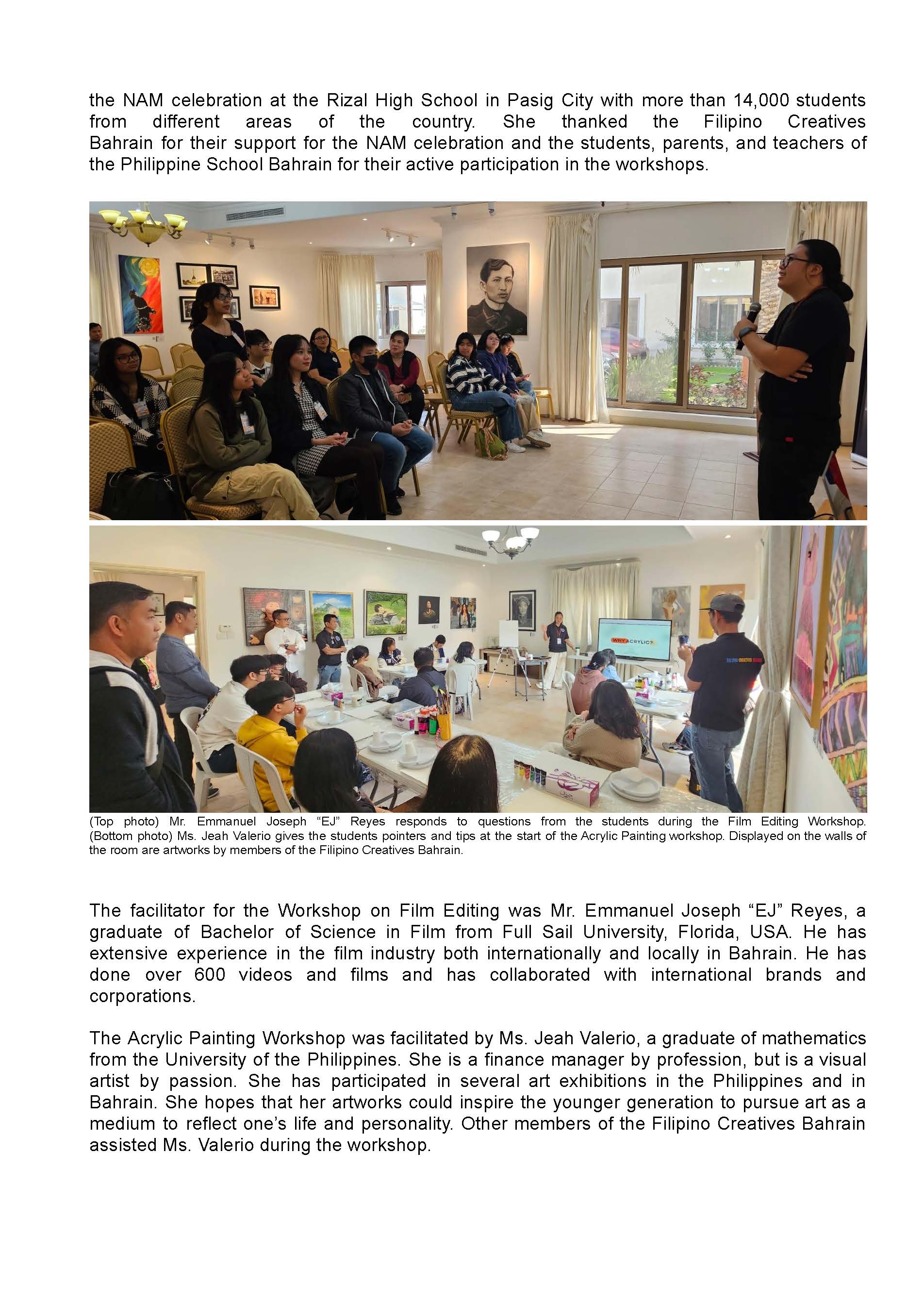 PR AJL 5 2024 PHL EMBASSY IN MANAMA AND FILIPINO CREATIVES BAHRAIN ORGANIZE PAINTING AND FILM EDITING WORKSHOPS FOR PHL SCHOOL STUDENTS IN CELEBRATION OF NATIONAL ARTS MONTH Page 2