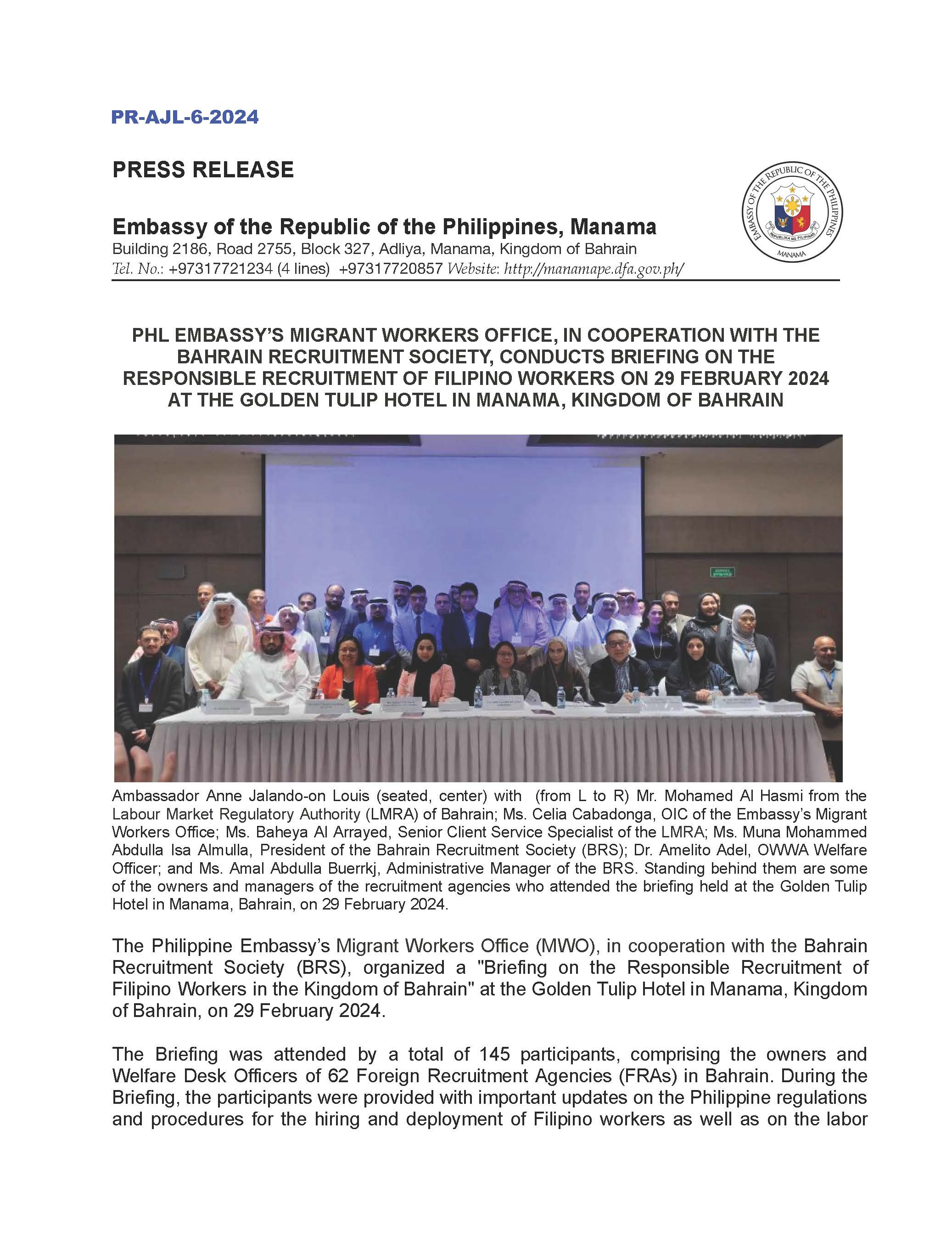 PR AJL 6 2024 Briefing on the Responsible Recruitment of Filiipino Workers in Bahrain Page 1