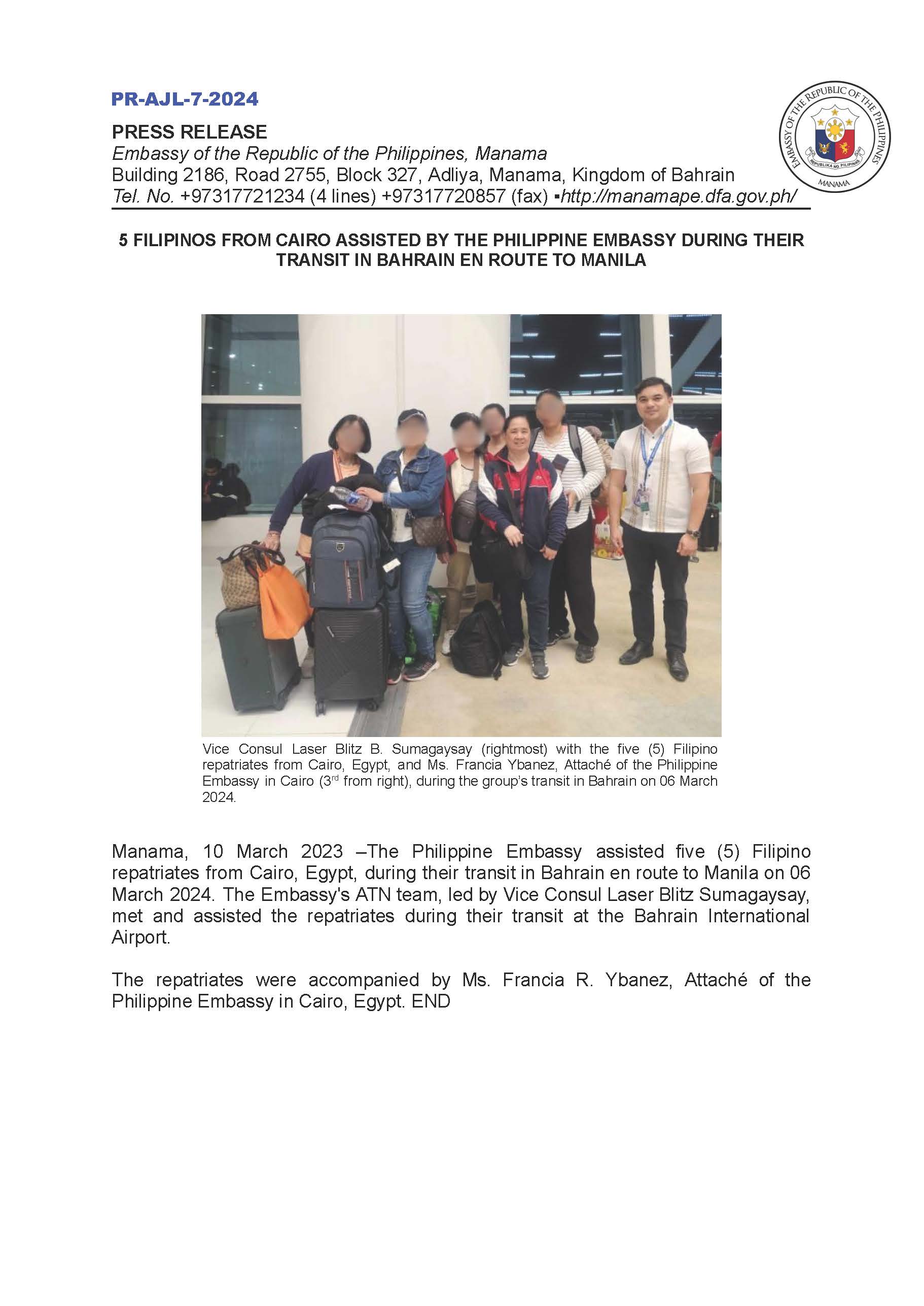 PR AJL 7 2024 5 FILIPINOS FROM CAIRO ASSISTED BY THE PH EMBASSY DURING THEIR TRANSIT IN BAHRAIN EN ROUTE TO MANILA