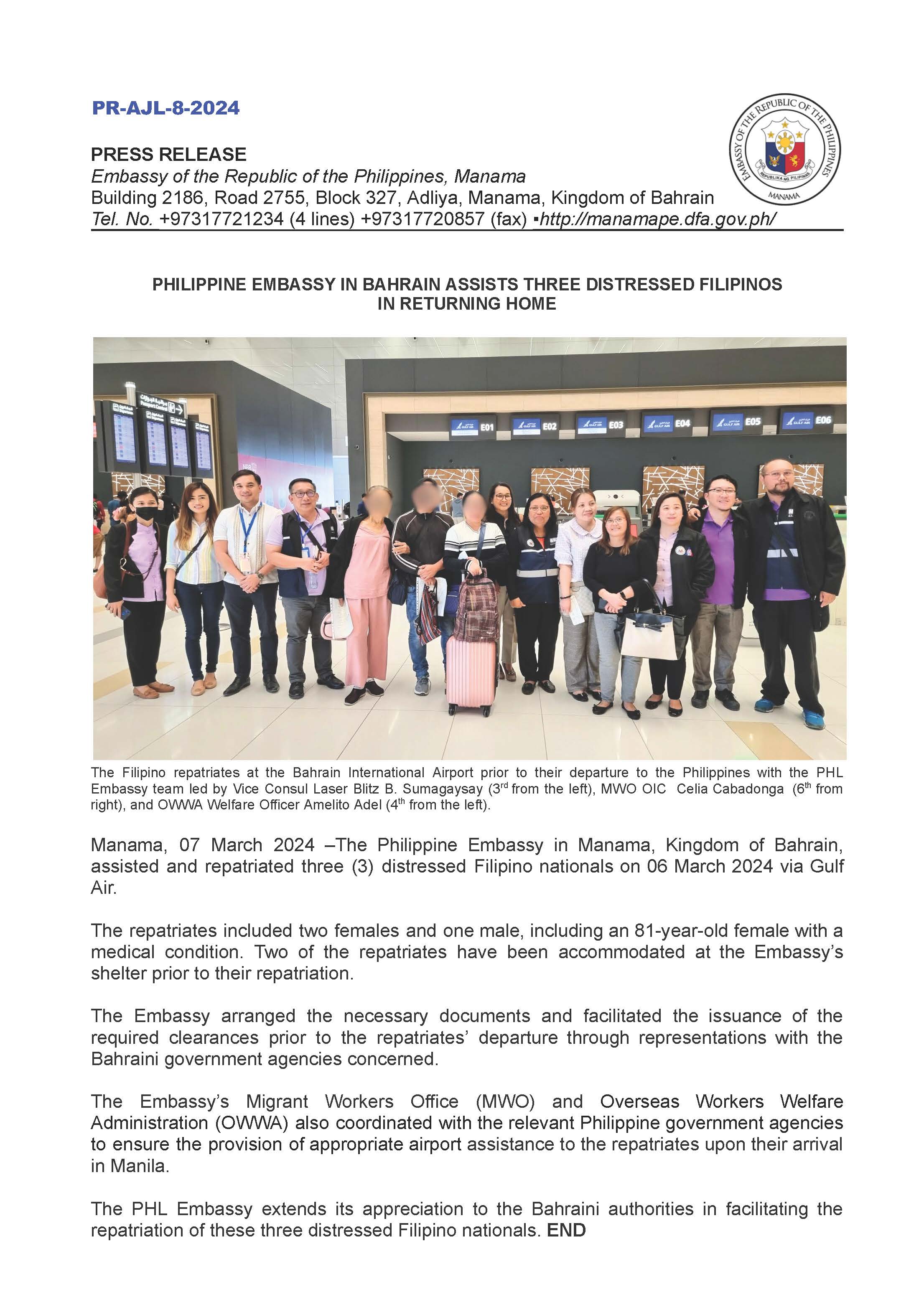 PR AJL 8 2024 PHILIPPINE EMBASSY IN BAHRAIN ASSISTS THREE DISTRESSED FILIPINOS IN RETURNING HOME