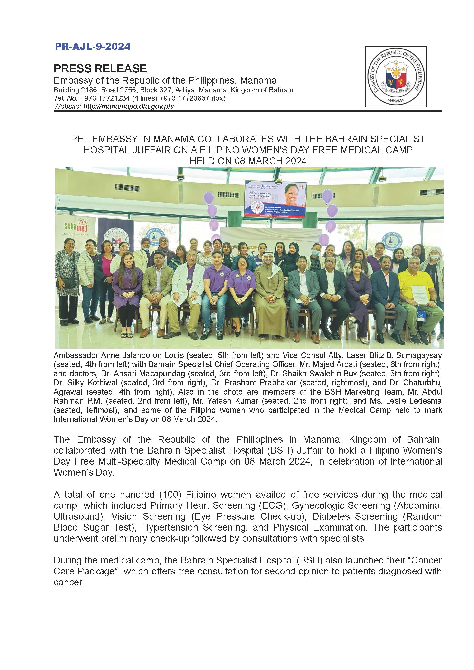 PR AJL 9 2024 PHL EMBASSY IN MANAMA COLLABORATES WITH THE BAHRAIN SPECIALIST HOSPITAL JUFFAIR ON A FILIPINO WOMENS DAY FREE MEDICAL CAMP HELD ON 08 MARCH 2024.docx Page 1