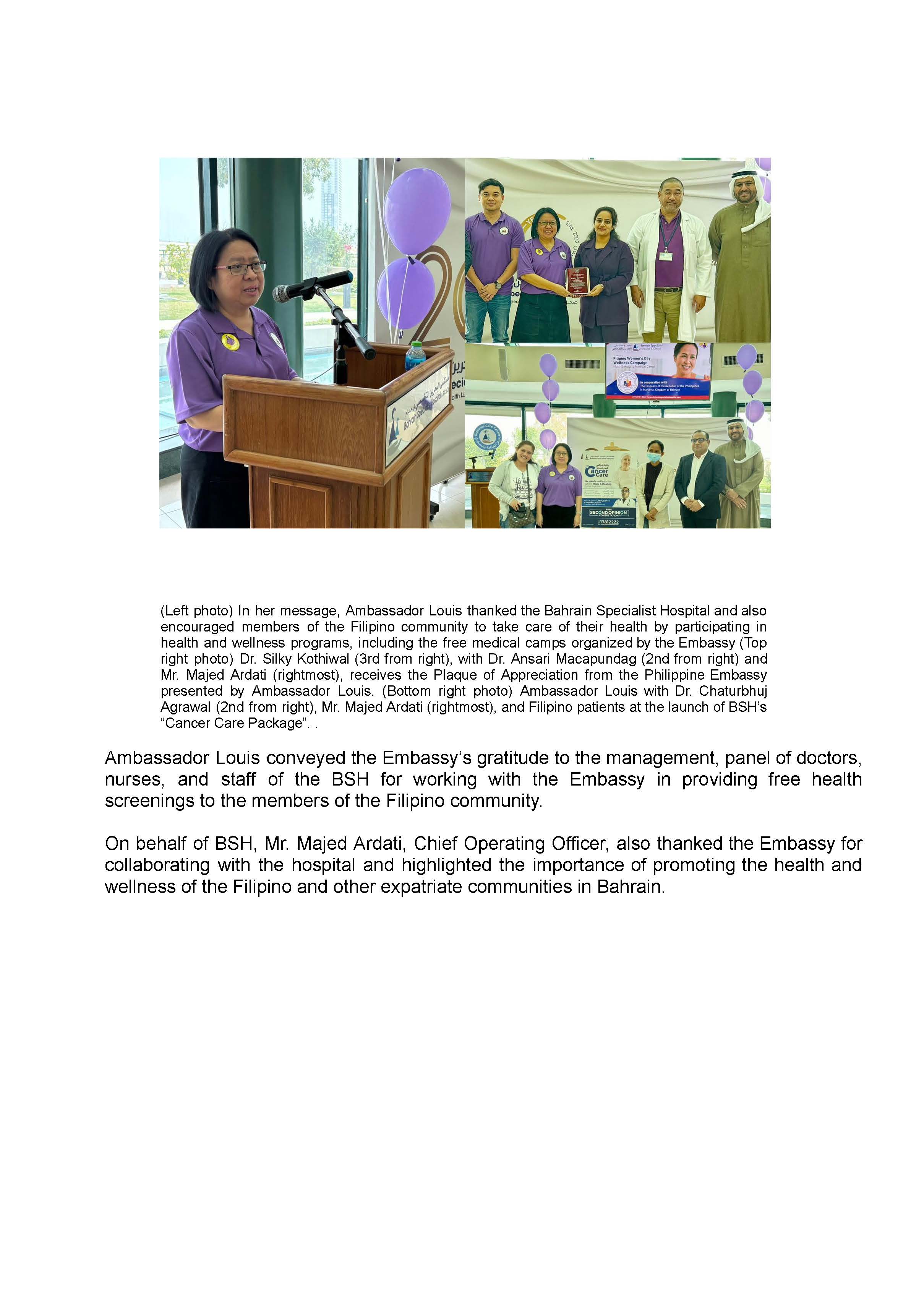 PR AJL 9 2024 PHL EMBASSY IN MANAMA COLLABORATES WITH THE BAHRAIN SPECIALIST HOSPITAL JUFFAIR ON A FILIPINO WOMENS DAY FREE MEDICAL CAMP HELD ON 08 MARCH 2024.docx Page 2