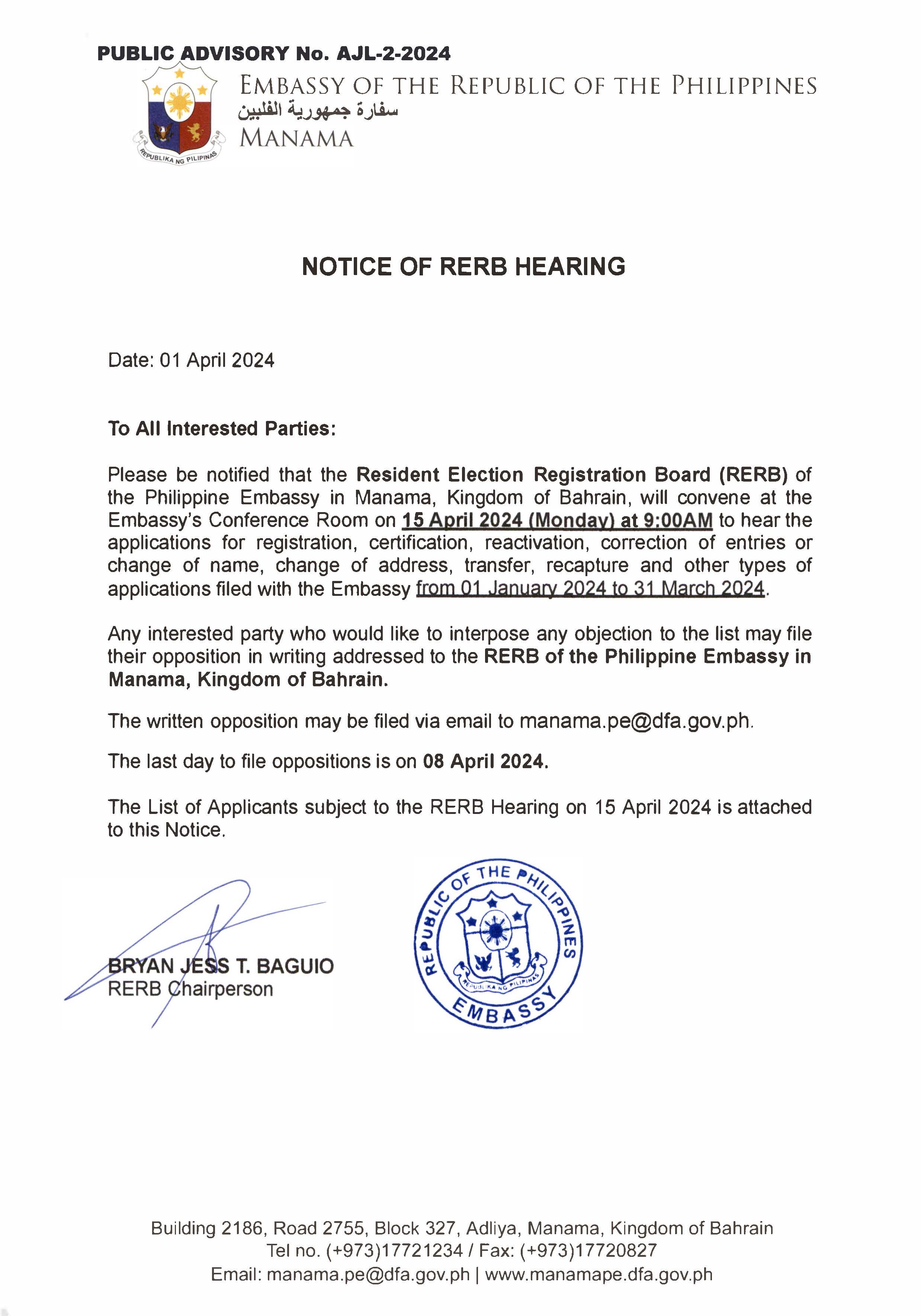 PUBLIC ADVISORY NO. AJL 2 2024 NOTICE OF RERB HEARING ON 15 APRIL 2024