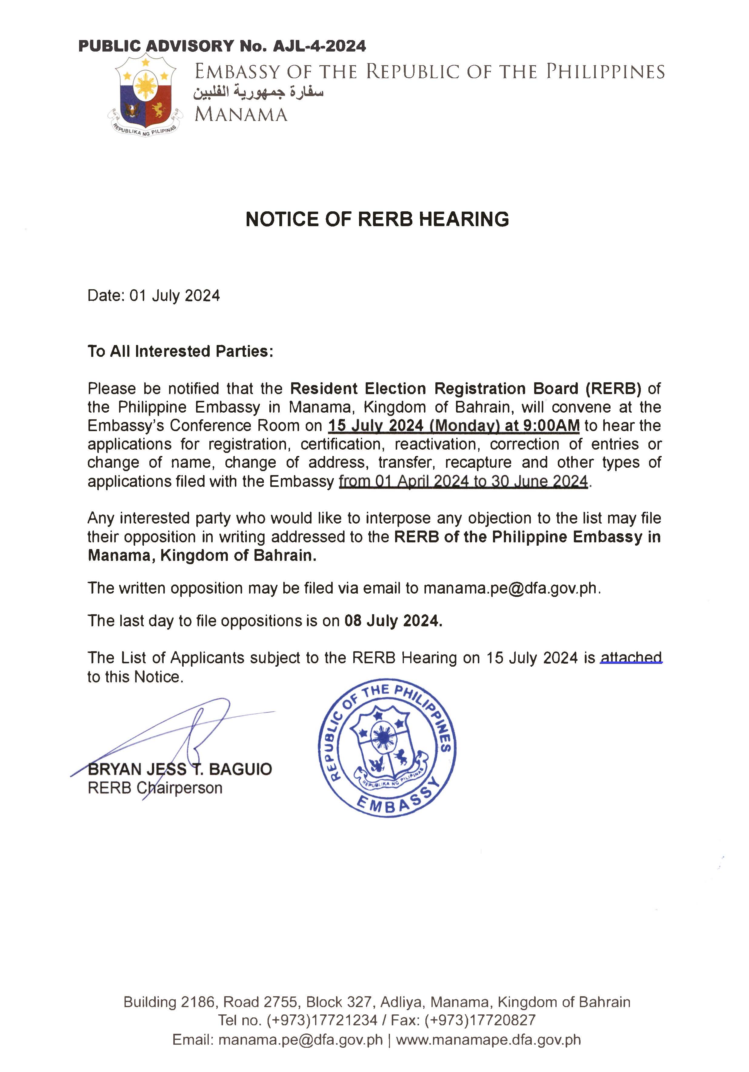 PUBLIC ADVISORY NO. AJL 4 2024 NOTICE OF RERB HEARING ON 15 JULY 2024
