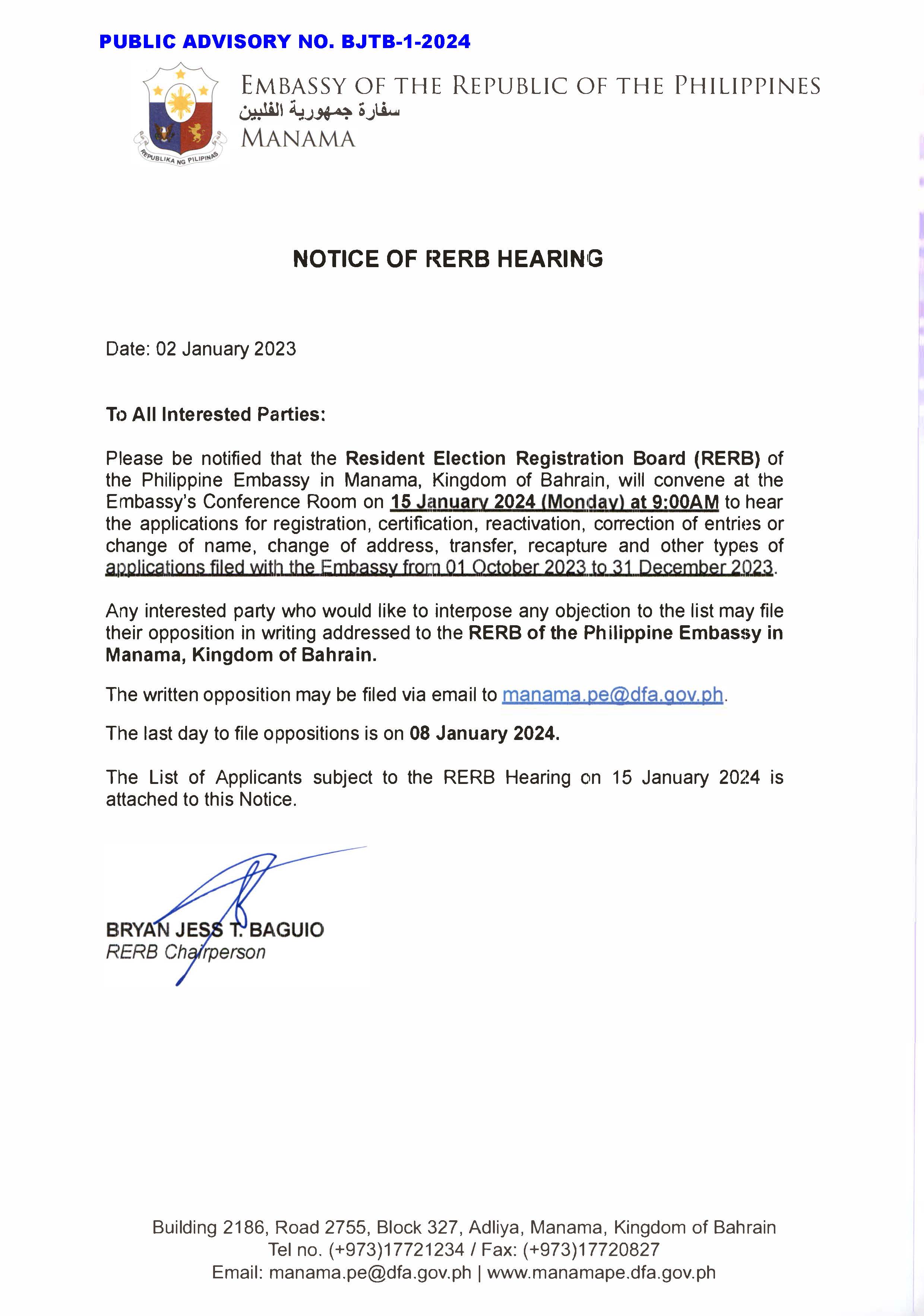 PUBLIC ADVISORY NO. BJTB 1 2024 NOTICE OF RERB HEARING 15 JANUARY 2024