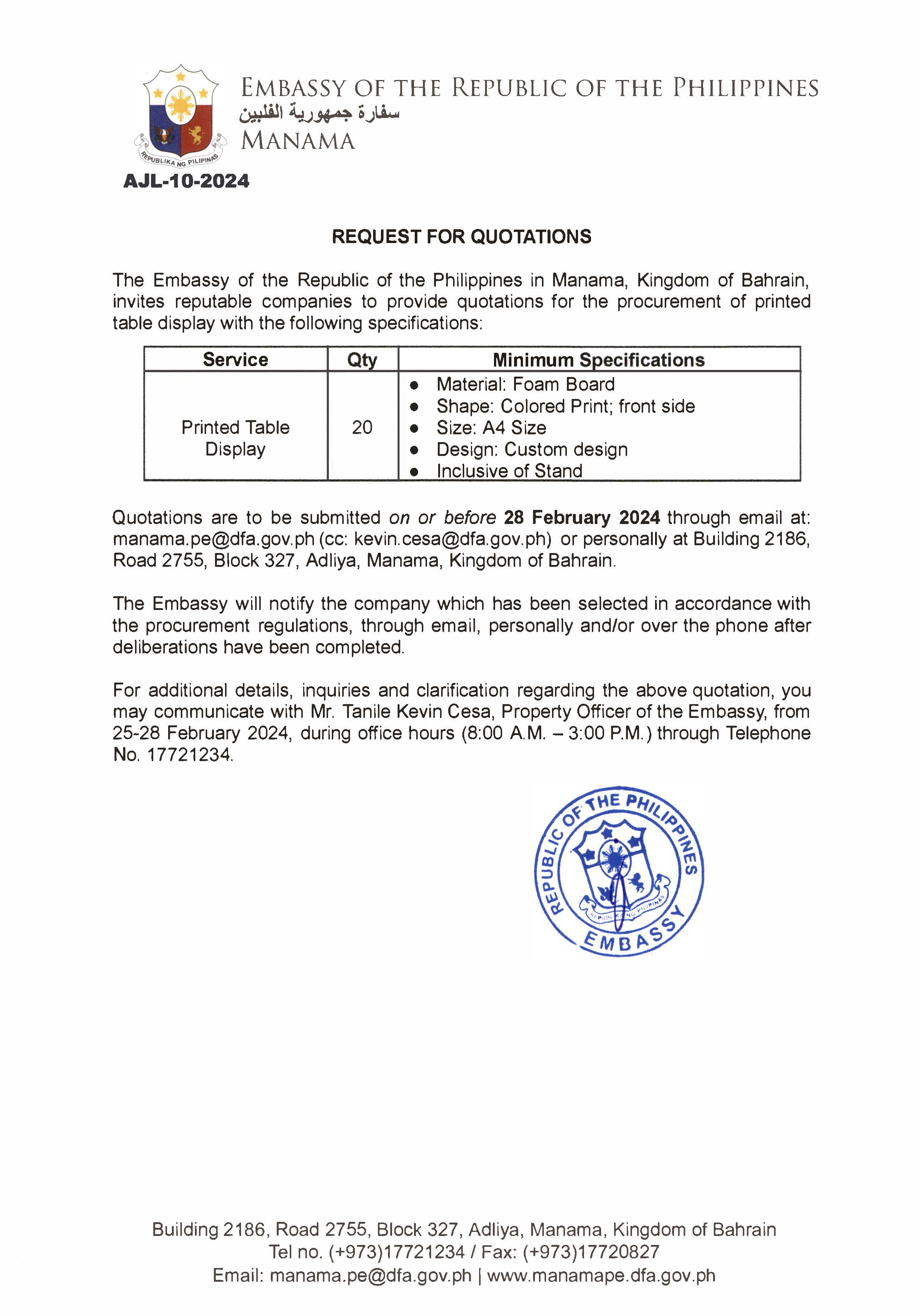AJL 10 2024 REQUEST FOR QUOTATIONS FOR THE PROCUREMENT OF PRINTED TABLE DISPLAY