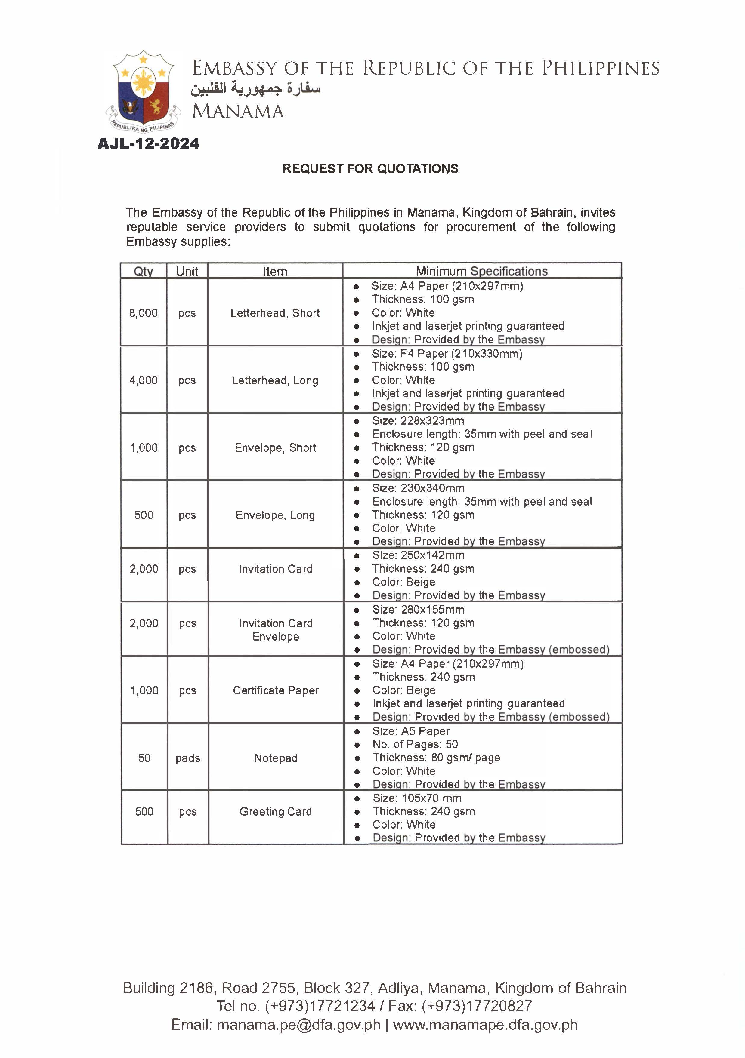 AJL 12 2024 REQUEST FOR QUOTATIONS FOR THE PROCUREMENT OF VARIOUS EMBASSY SUPPLIES Page 1
