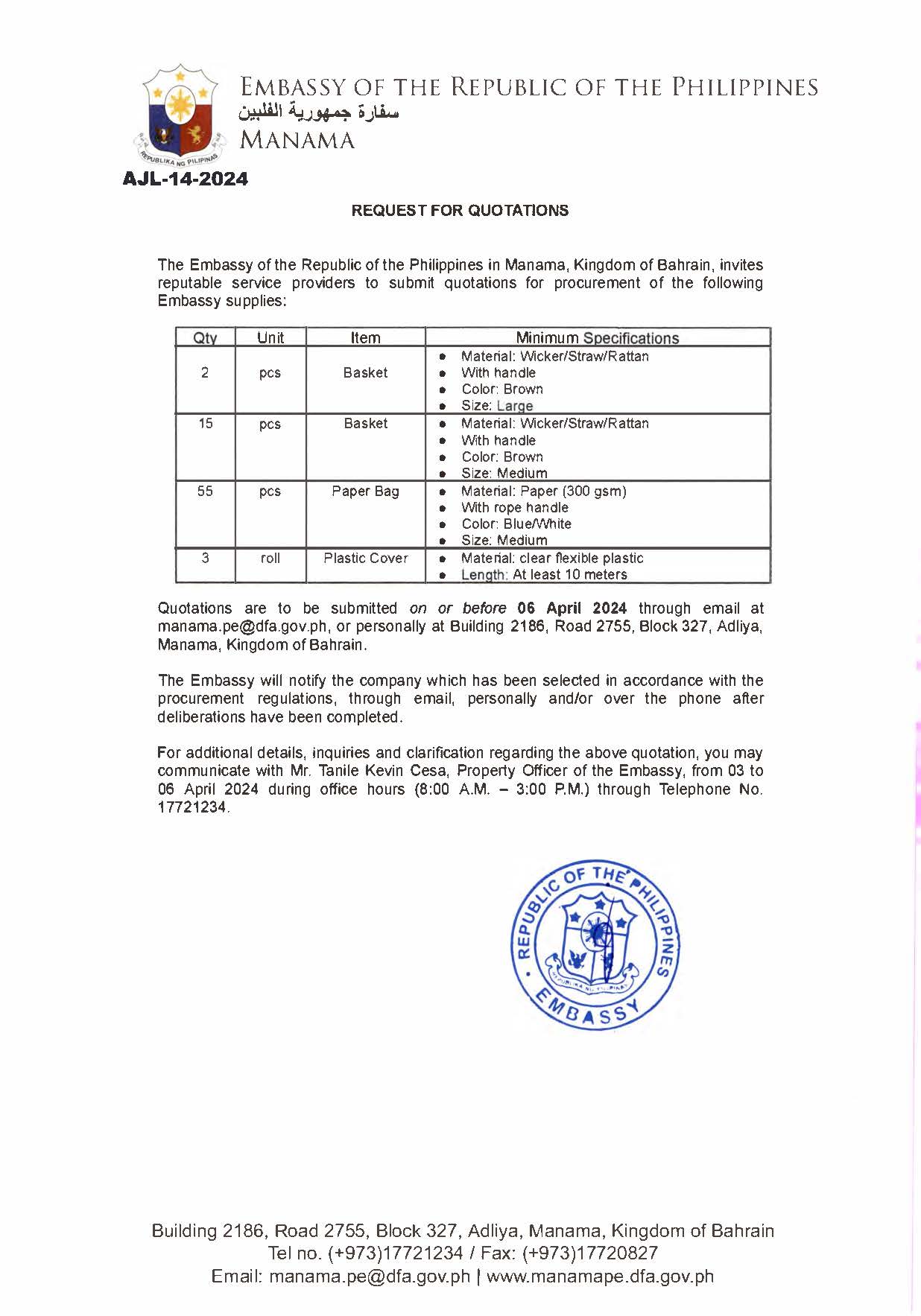 AJL 14 2024 REQUEST FOR QUOTATIONS FOR THE PROCUREMENT OF VARIOUS EMBASSY SUPPLIES
