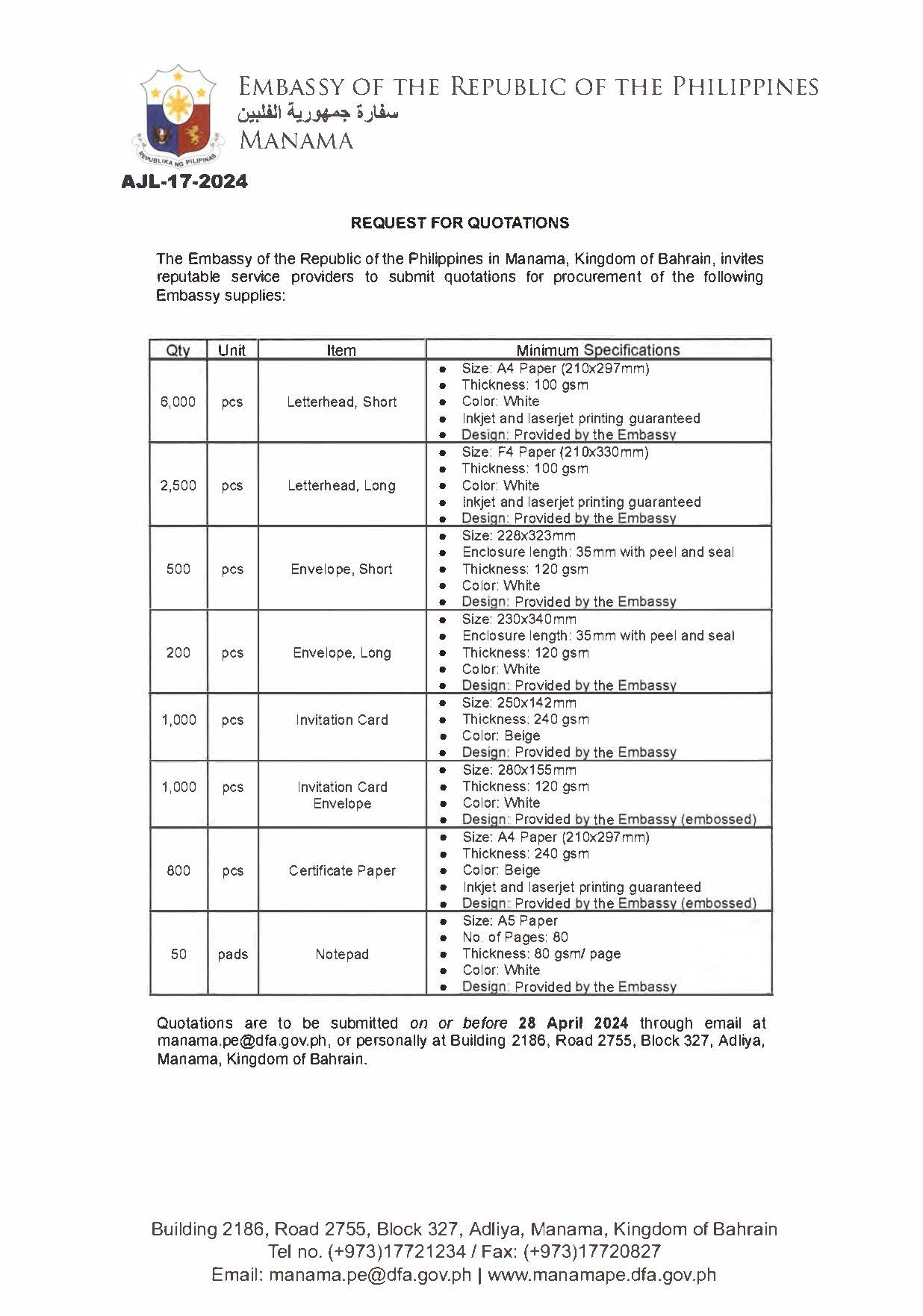 AJL 17 2024 REQUEST FOR QUOTATIONS FOR THE PROCUREMENT OF VARIOUS EMBASSY SUPPLIES Page 1