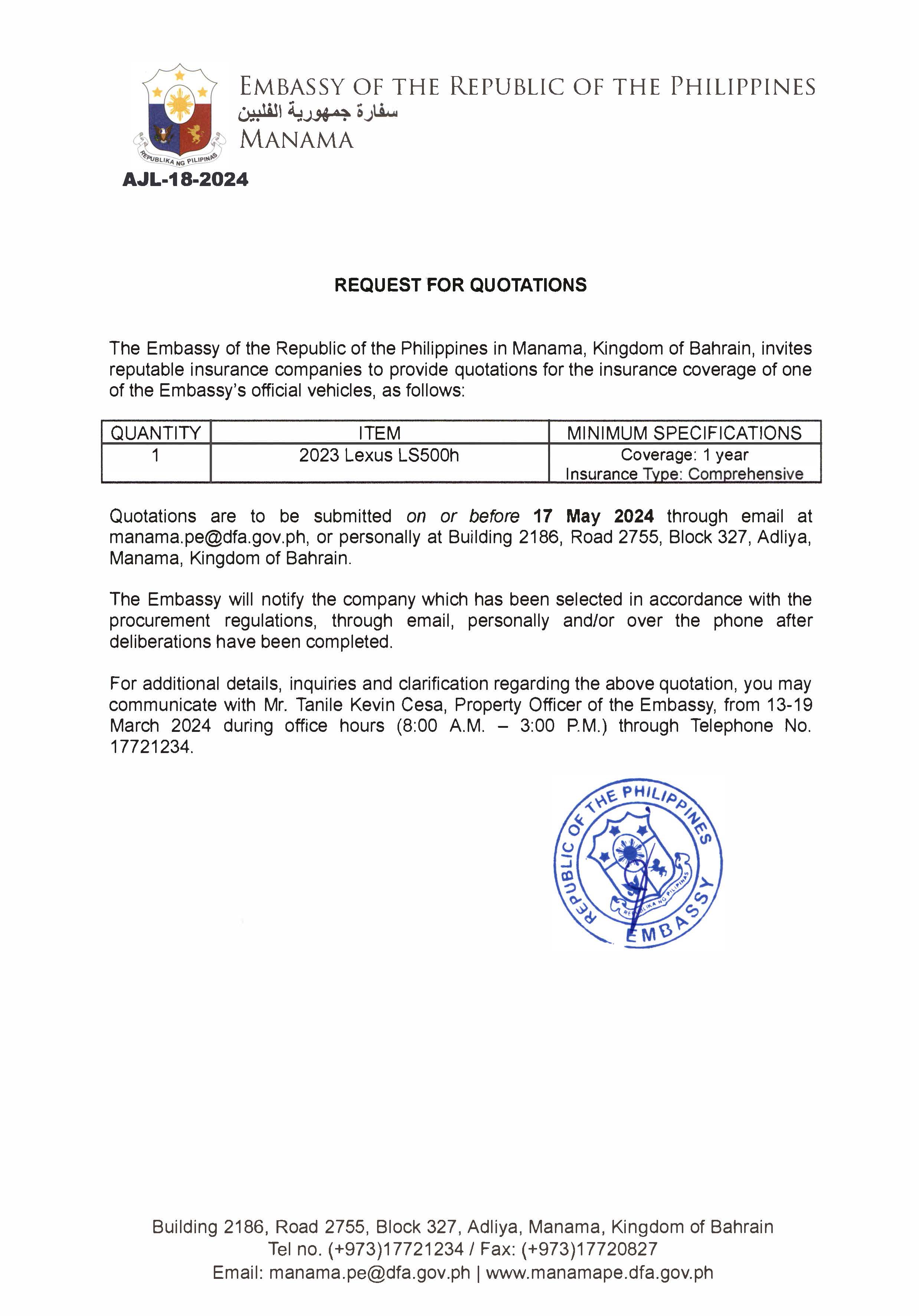 AJL 18 2024 REQUEST FOR QUOTATIONS FOR THE INSURANCE COVERAGE OF THE OFFICIAL CAR OF THE EMBASSY