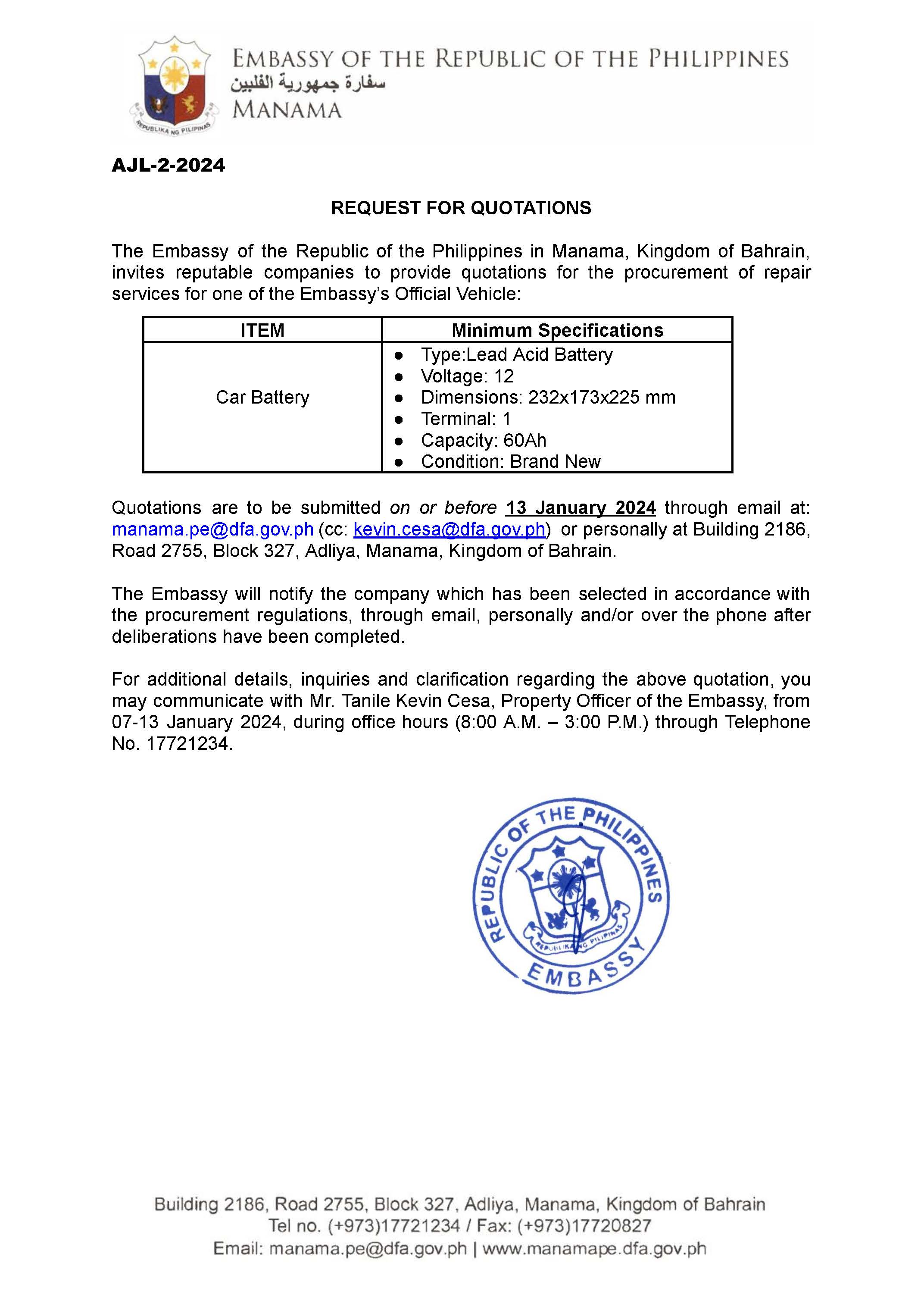 AJL 2 2024 REQUEST FOR QUOTATIONS FOR THE PROCUREMENT OF REPAIR SERVICES FOR THE OFFICIAL VEHICLE OF THE EMBASSY.docx