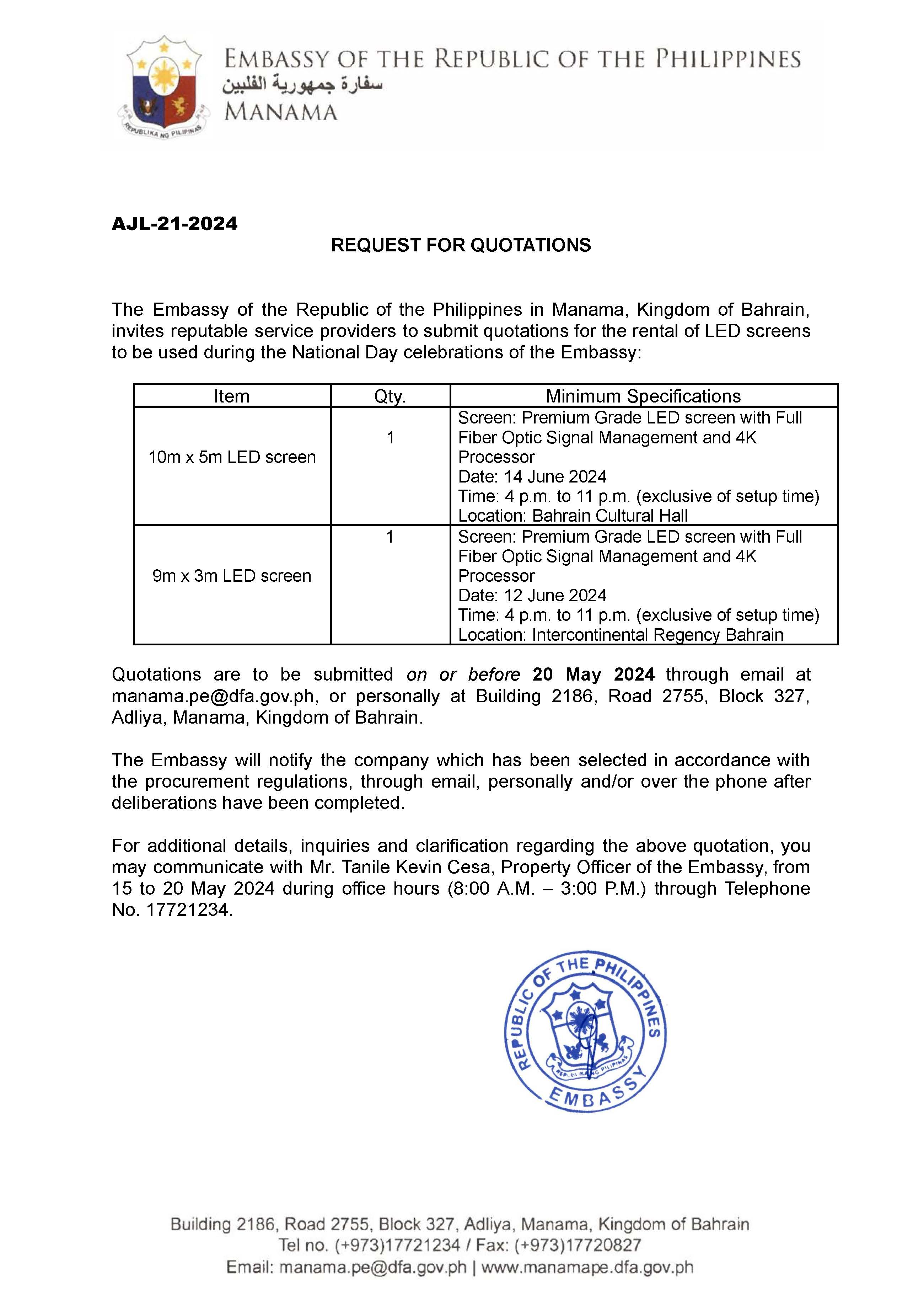 AJL 21 2024 REQUEST FOR QUOTATIONS FOR THE RENTAL OF LED SCREENS FOR THE NATIONAL DAY CELEBRATIONS OF THE EMBASSY.docx