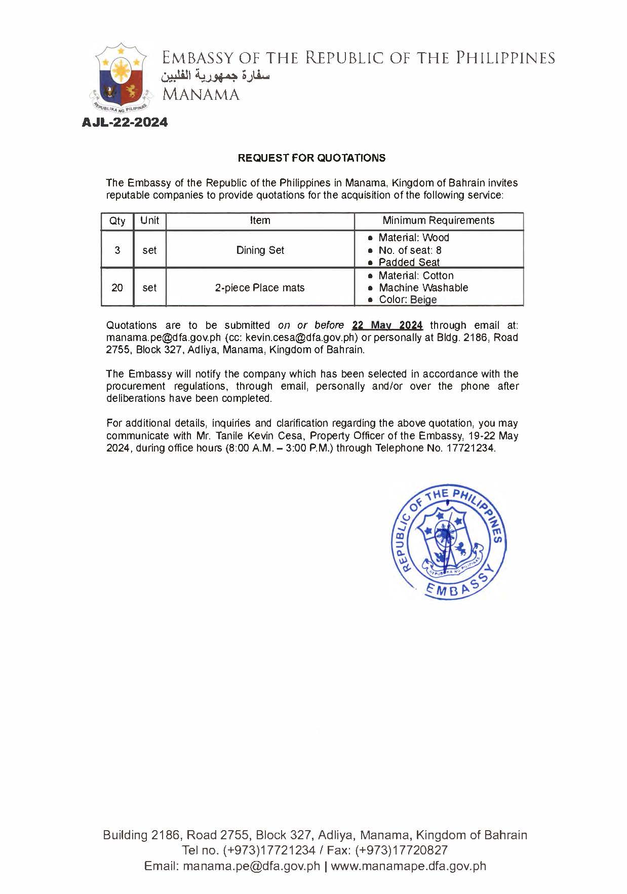 AJL 22 2024 REQUEST FOR QUOTATIONS FOR THE ACQUISITION OF 3 DINING SETS AND 20 SETS OF 2 PIECE PLACE MATS.docx