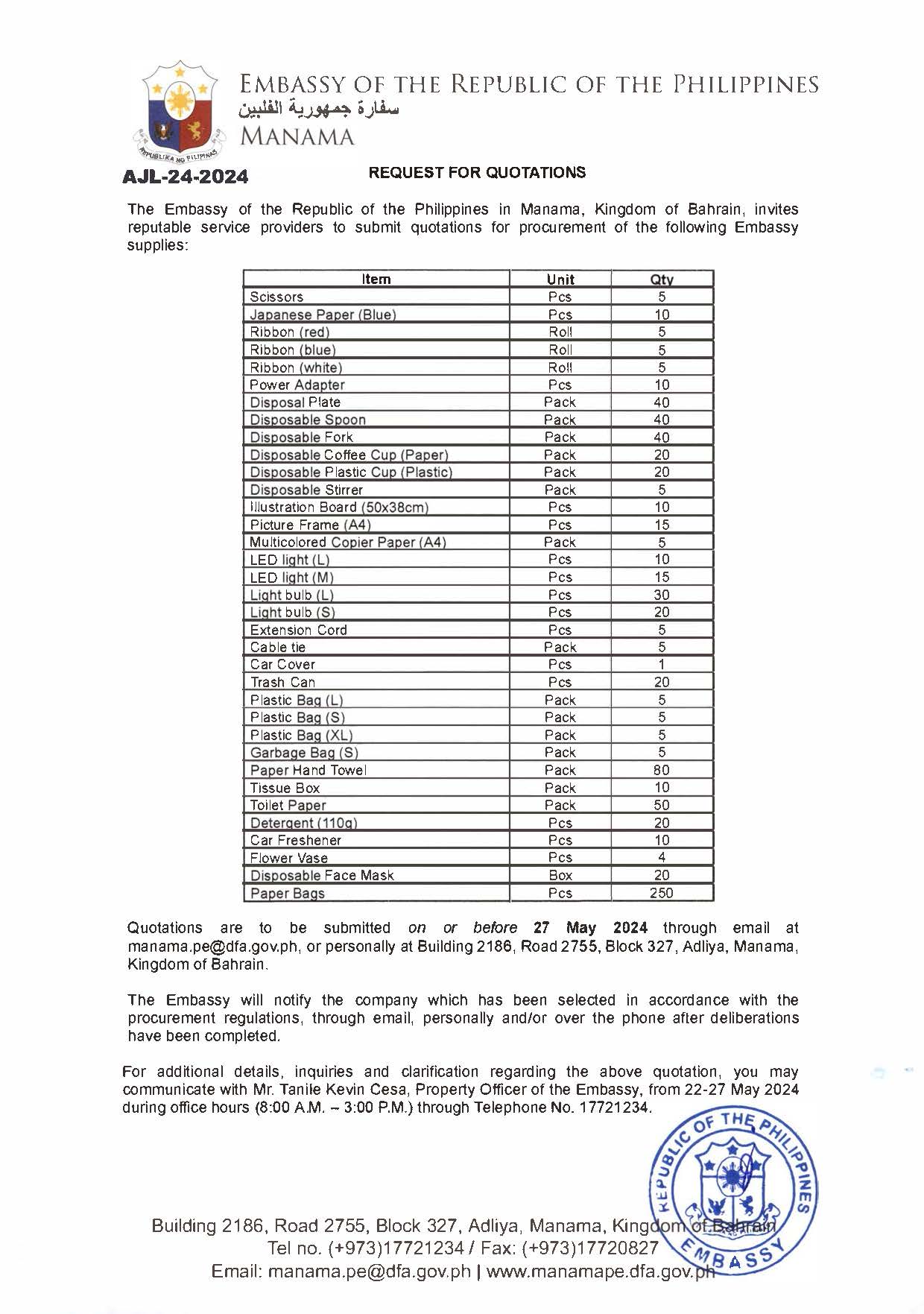 AJL 24 2024 REQUEST FOR QUOTATIONS FOR PROCUREMENT OF VARIOUS EMBASSY SUPPLIES