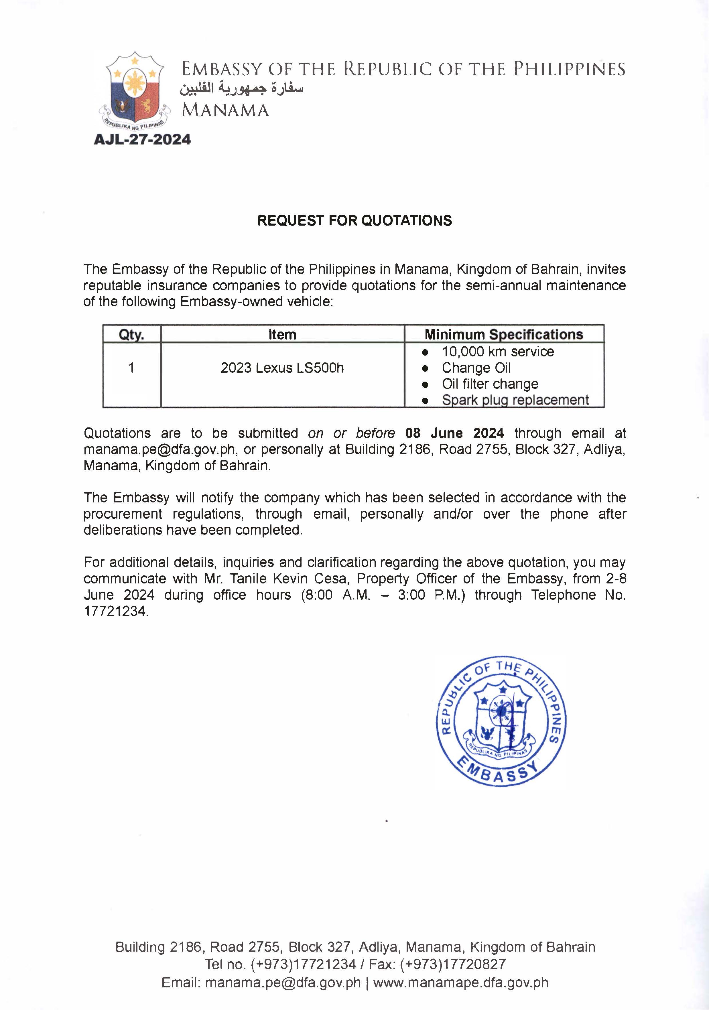 AJL 27 2024 REQUEST FOR QUOTATIONS FOR THE SEMI ANNUAL MAINTENANCE OF 2023 LEXUS LS500H