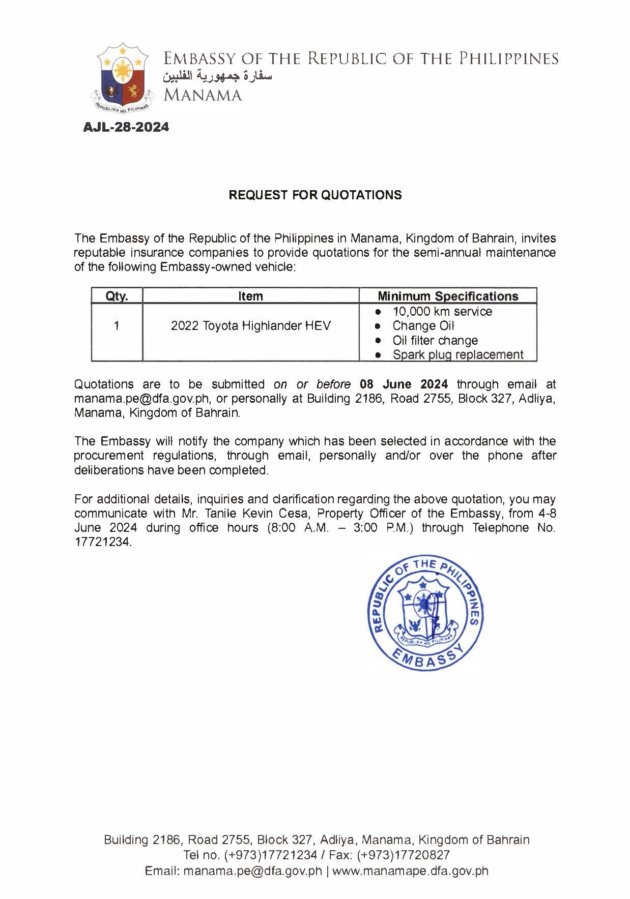 AJL 28 2024 REQUEST FOR QUOTATIONS FOR THE SEMI ANNUAL MAINTENANCE OF 2022 Toyota Highlander HEV