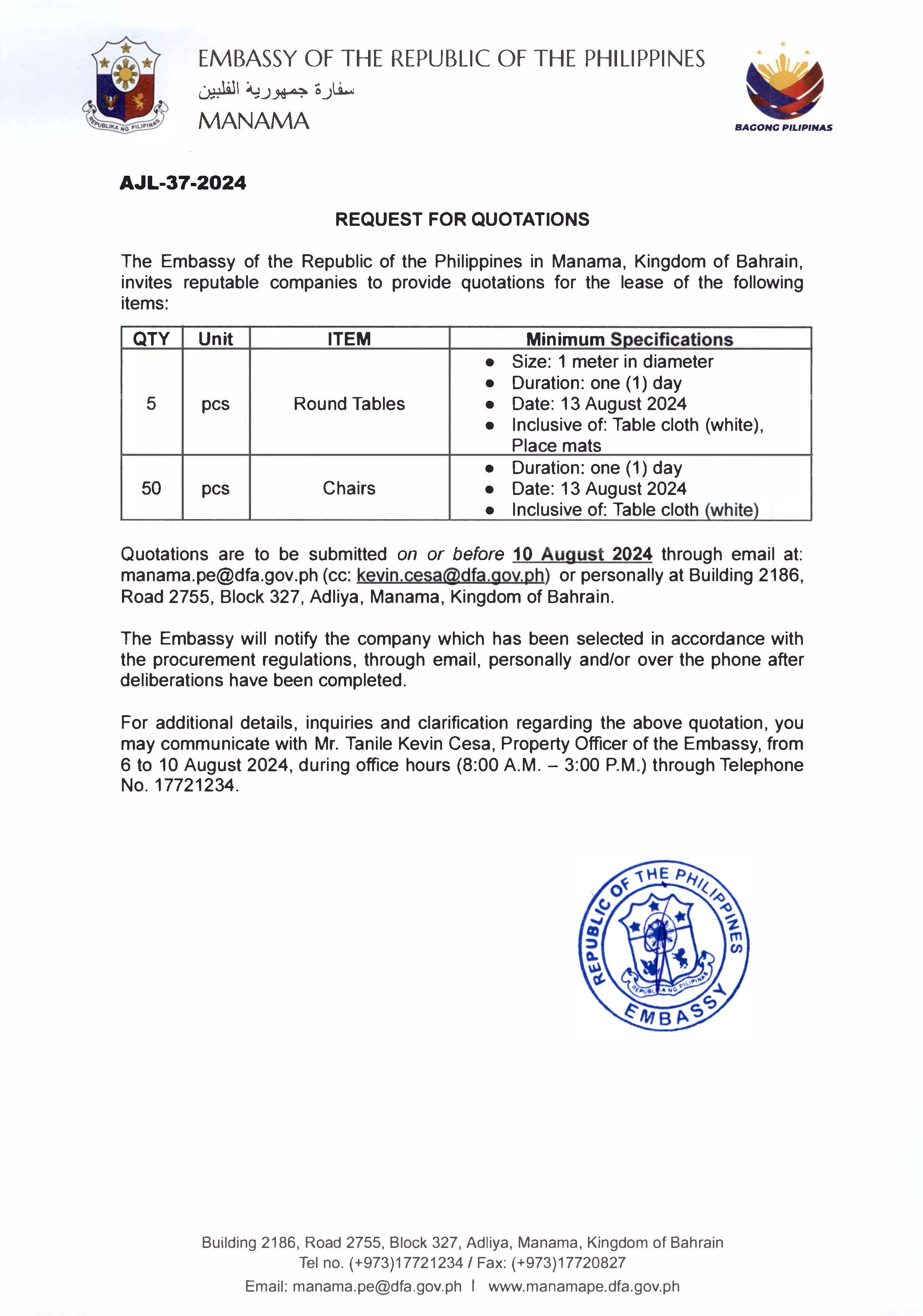 AJL 37 2024 REQUEST FOR QUOTATIONS FOR THE LEASE OF 5 ROUND TABLES AND 50 CHAIRS