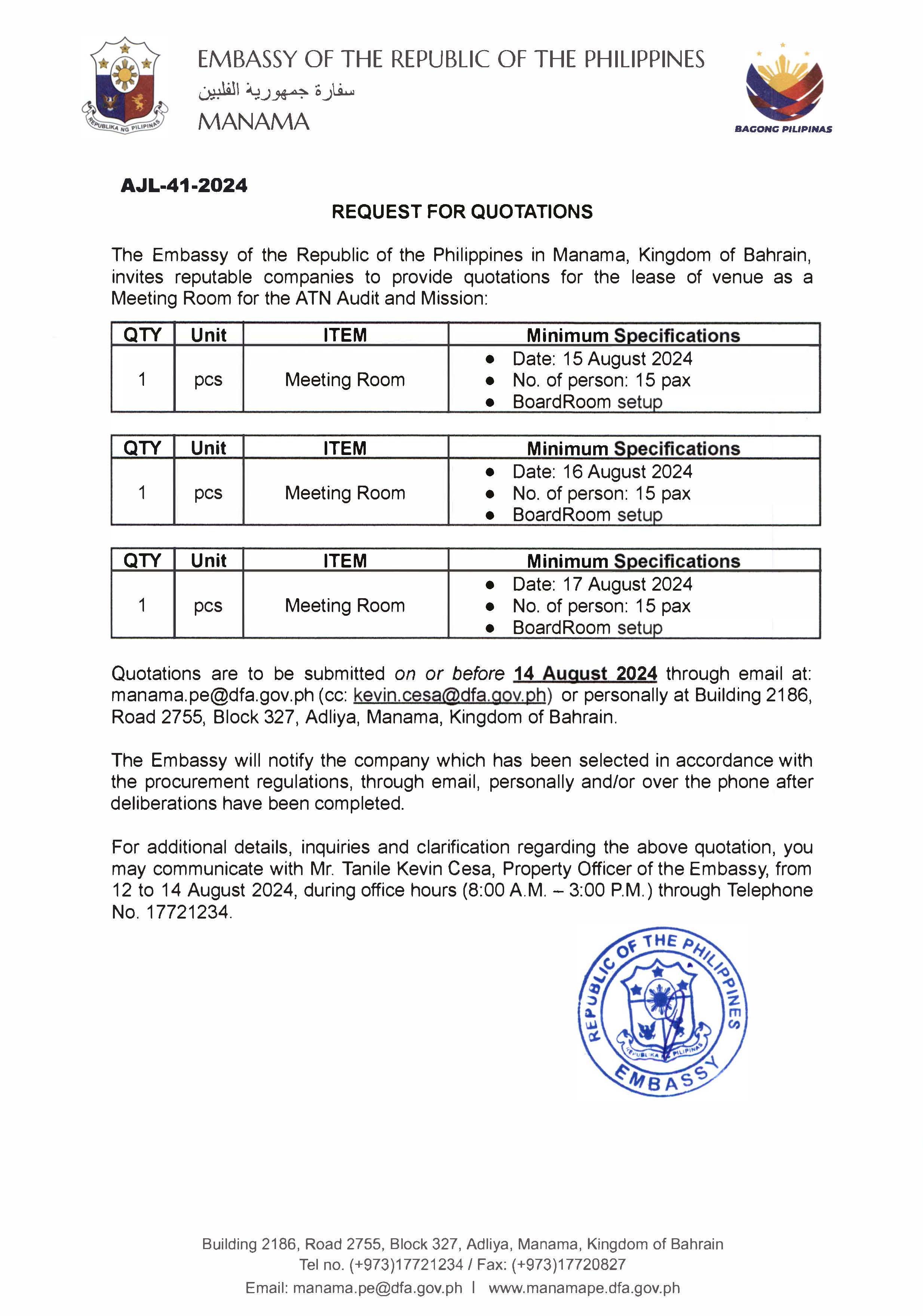 AJL 41 2024 REQUEST FOR QUOTATIONS FOR THE LEASE OF VENUE FOR THE MEETINGS OF THE ATN AUDIT AND MISSION