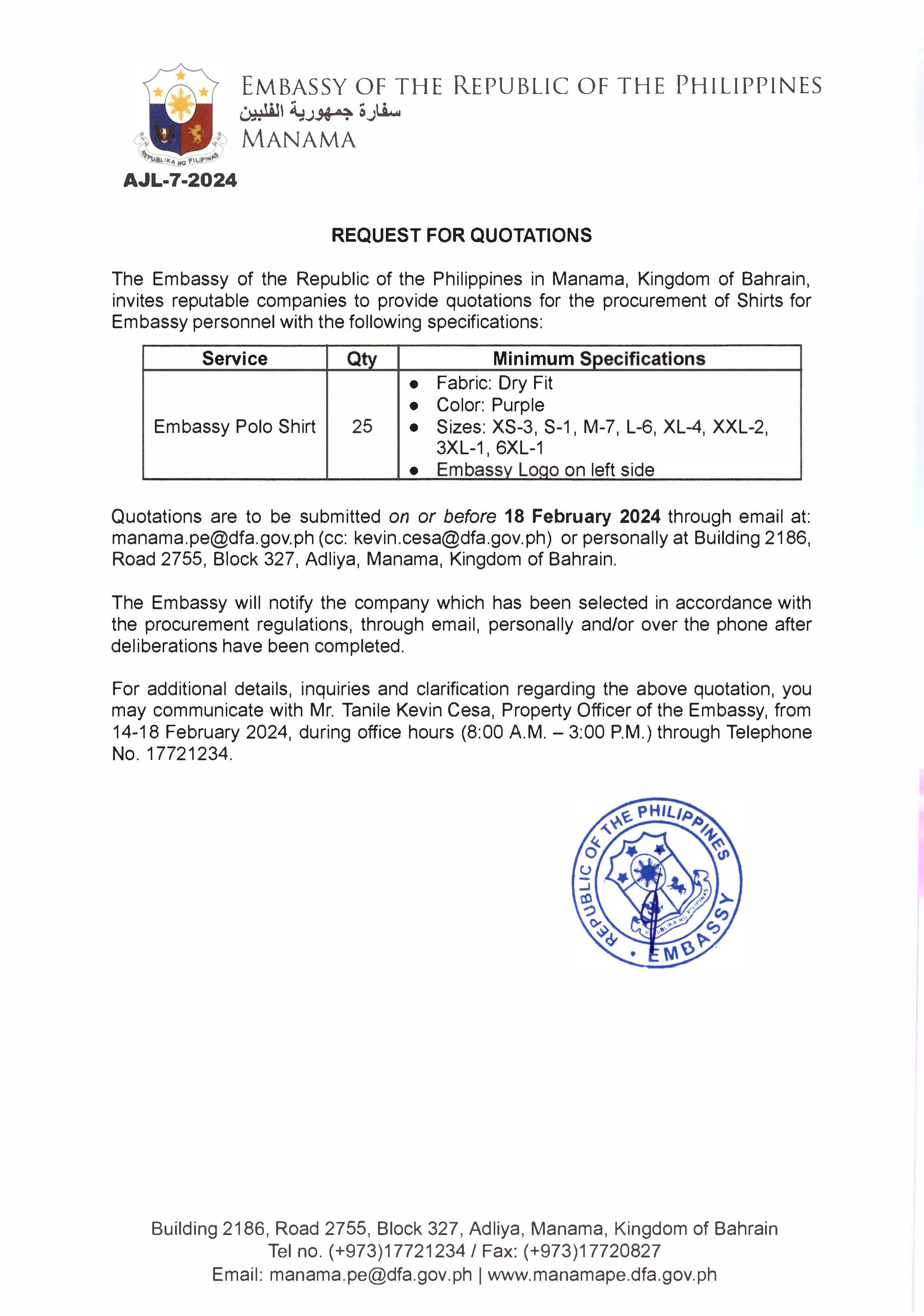 AJL 7 2024 REQUEST FOR QUOTATIONS FOR THE PROCUREMENT OF SHIRTS FOR EMBASSY PERSONNEL