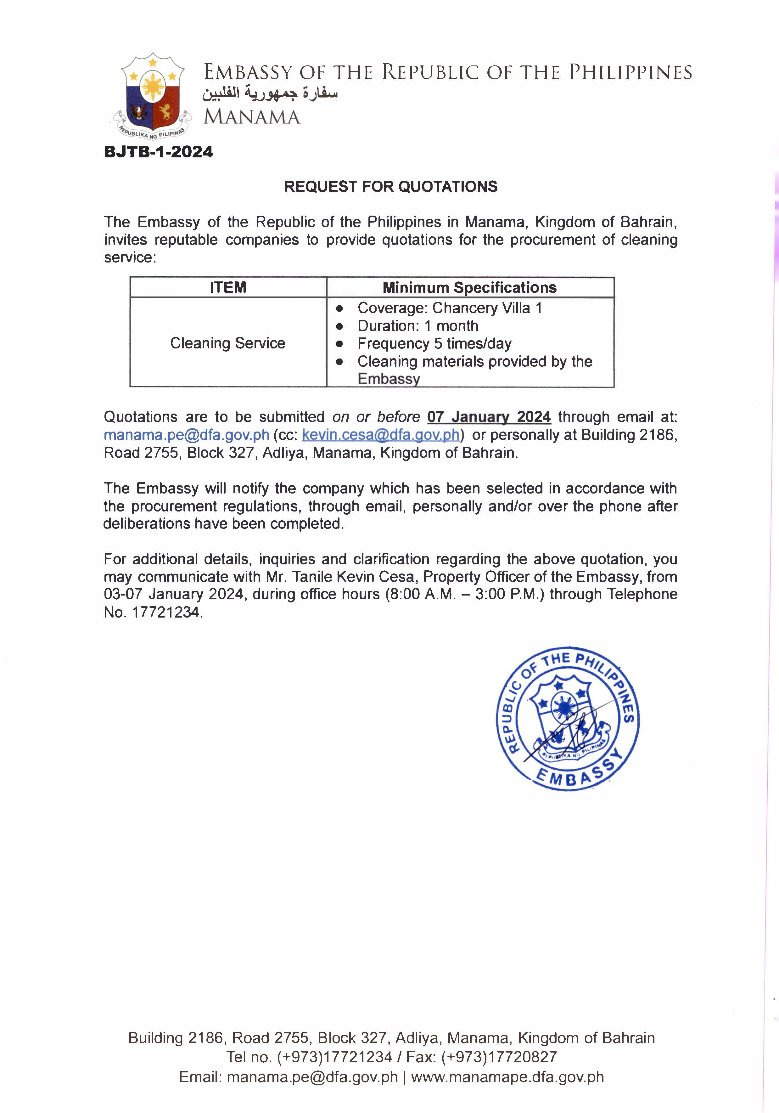 BJTB 1 2024 REQUEST FOR QUOTATIONS FOR THE PROCUREMENT OF CLEANING SERVICE