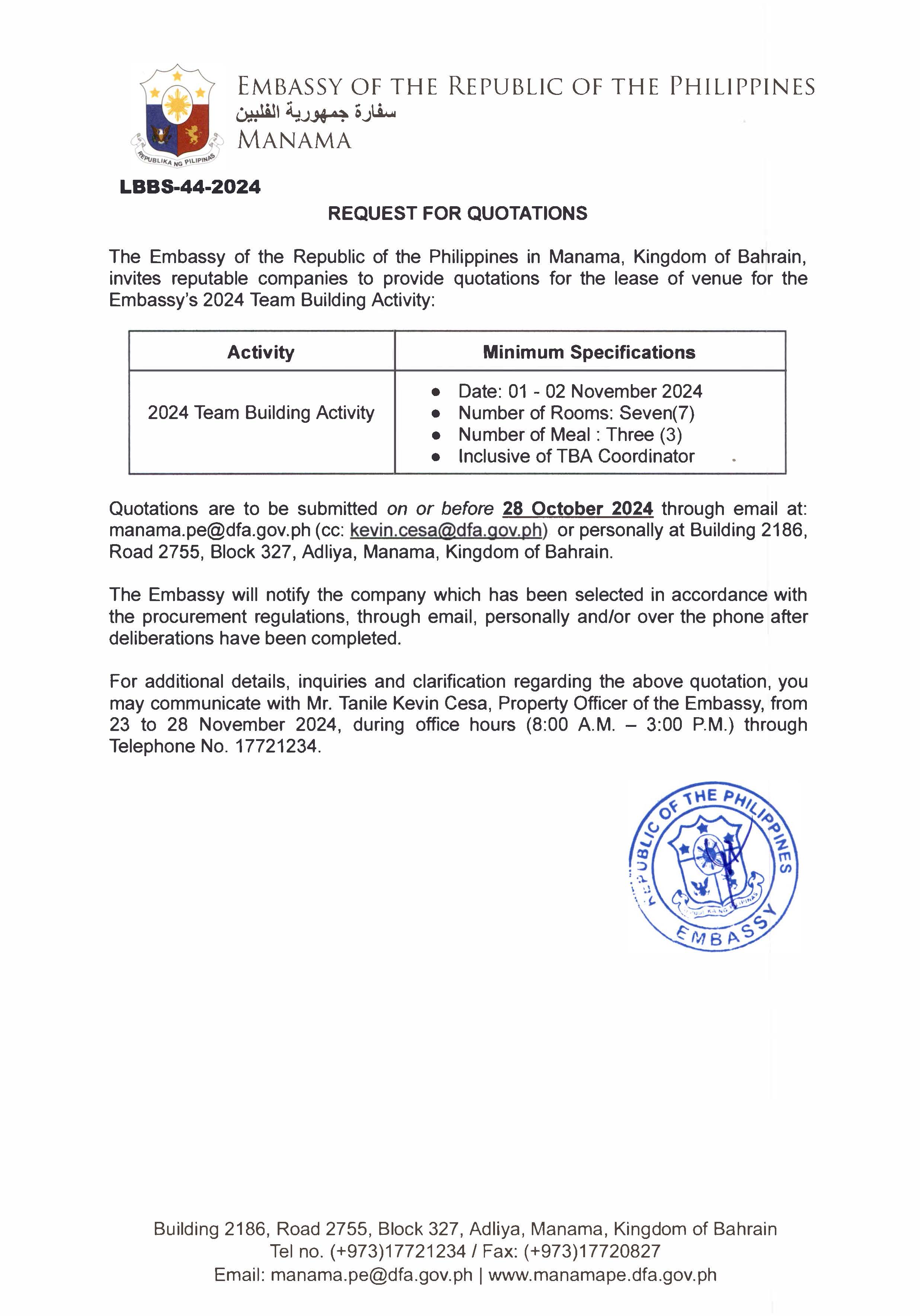AJL 44 2024 REQUEST FOR QUOTATIONS FOR THE LEASE OF VENUE FOR THE TEAM BUILDING ACTIVITY OF THE EMBASSY