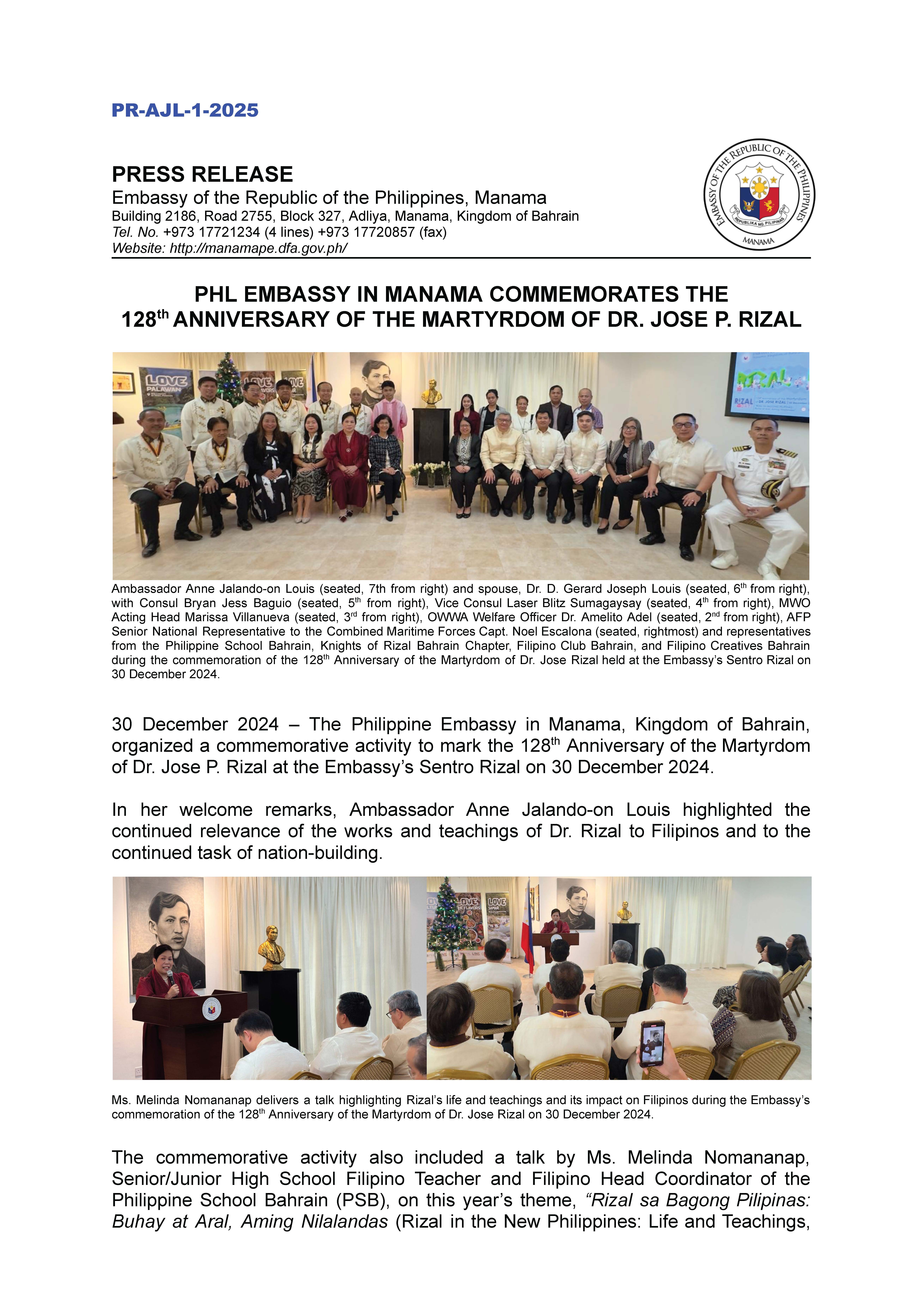 PR AJL 1 2025 PHL EMBASSY IN MANAMA COMMEMORATES THE 128TH ANNIVERSARY OF THE MARTYRDOM OF DR. JOSE P. RIZAL Page 1