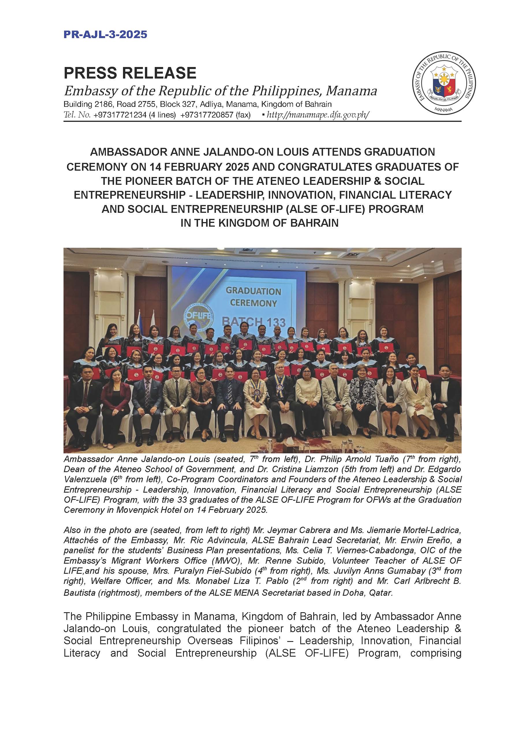 PR AJL 3 2025 AMB. ANNE LOUIS ATTENDS GRADUATION CEREMONY ON 14 FEBRUARY 2025 AND CONGRATULATES OF THE PIONEER BATCH OF THE ALSE OF LIFE PROGRAM IN BAHRAIN Page 1