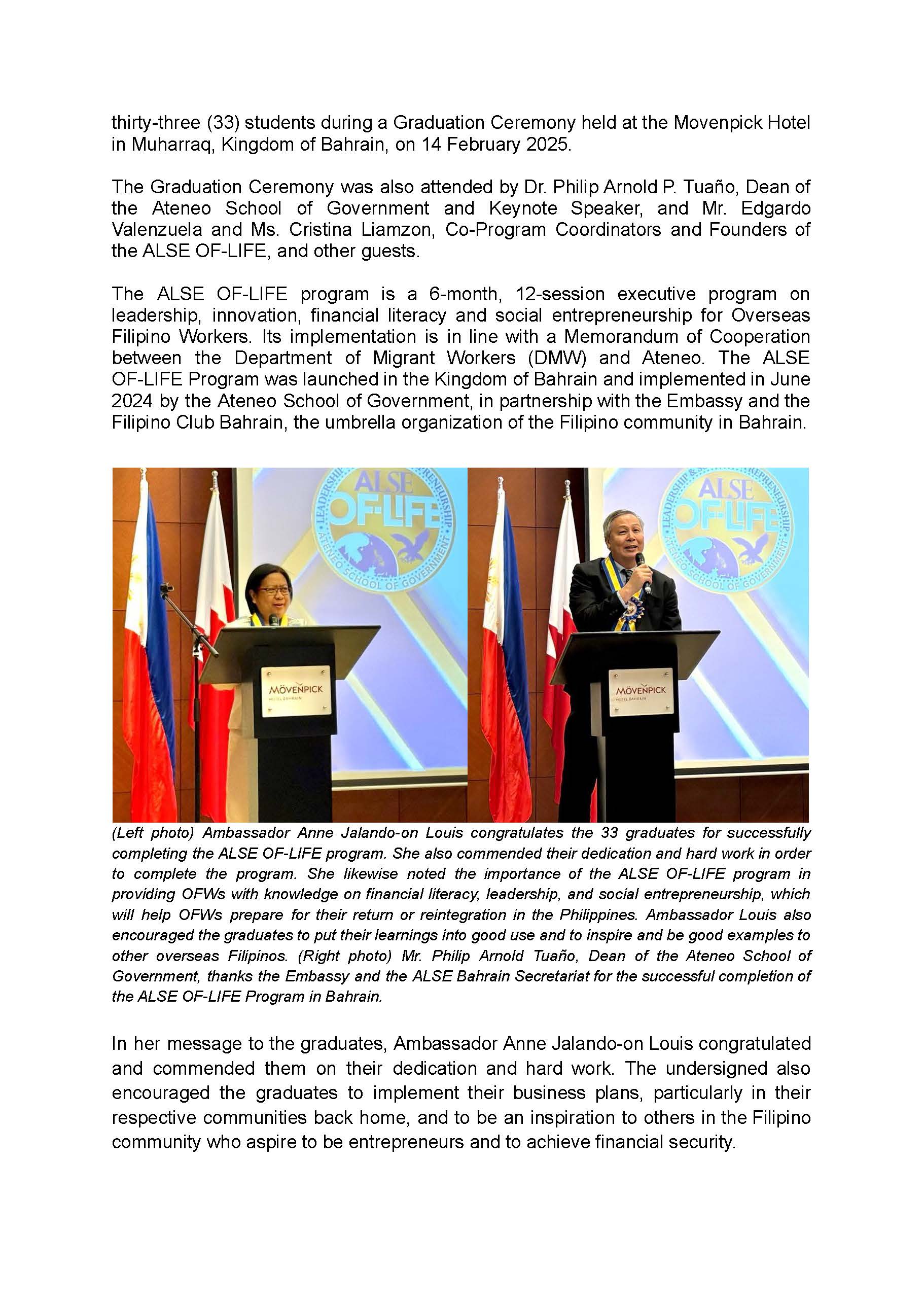 PR AJL 3 2025 AMB. ANNE LOUIS ATTENDS GRADUATION CEREMONY ON 14 FEBRUARY 2025 AND CONGRATULATES OF THE PIONEER BATCH OF THE ALSE OF LIFE PROGRAM IN BAHRAIN Page 2
