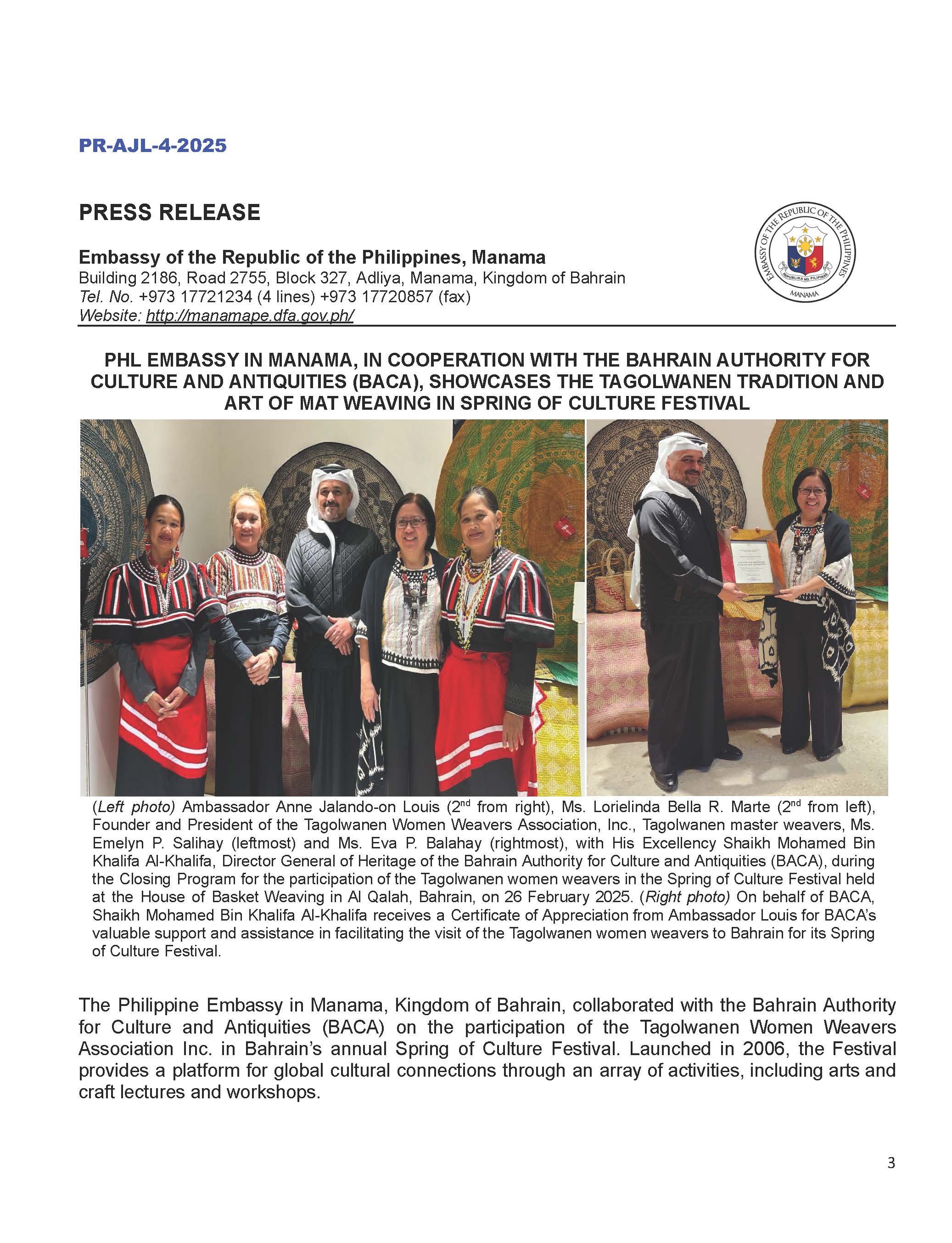 PR AJL 4 2025 PHL EMBASSY IN MANAMA IN COOPERATION WITH THE BACA SHOWCASES THE TAGOLWANEN TRADITION AND ART OF MAT WEAVING IN SPRING OF CULTURE FESTIVAL Page 1