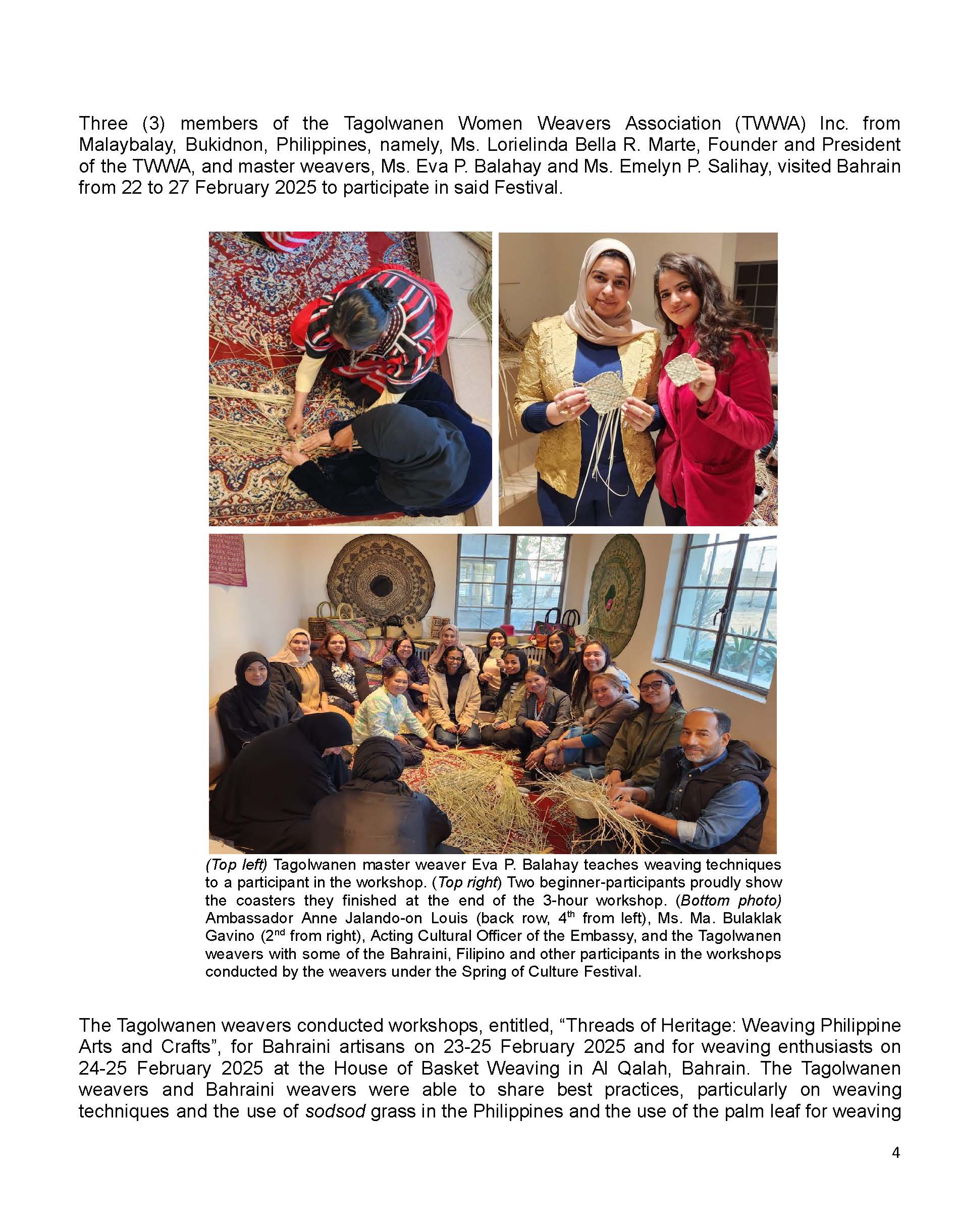 PR AJL 4 2025 PHL EMBASSY IN MANAMA IN COOPERATION WITH THE BACA SHOWCASES THE TAGOLWANEN TRADITION AND ART OF MAT WEAVING IN SPRING OF CULTURE FESTIVAL Page 2