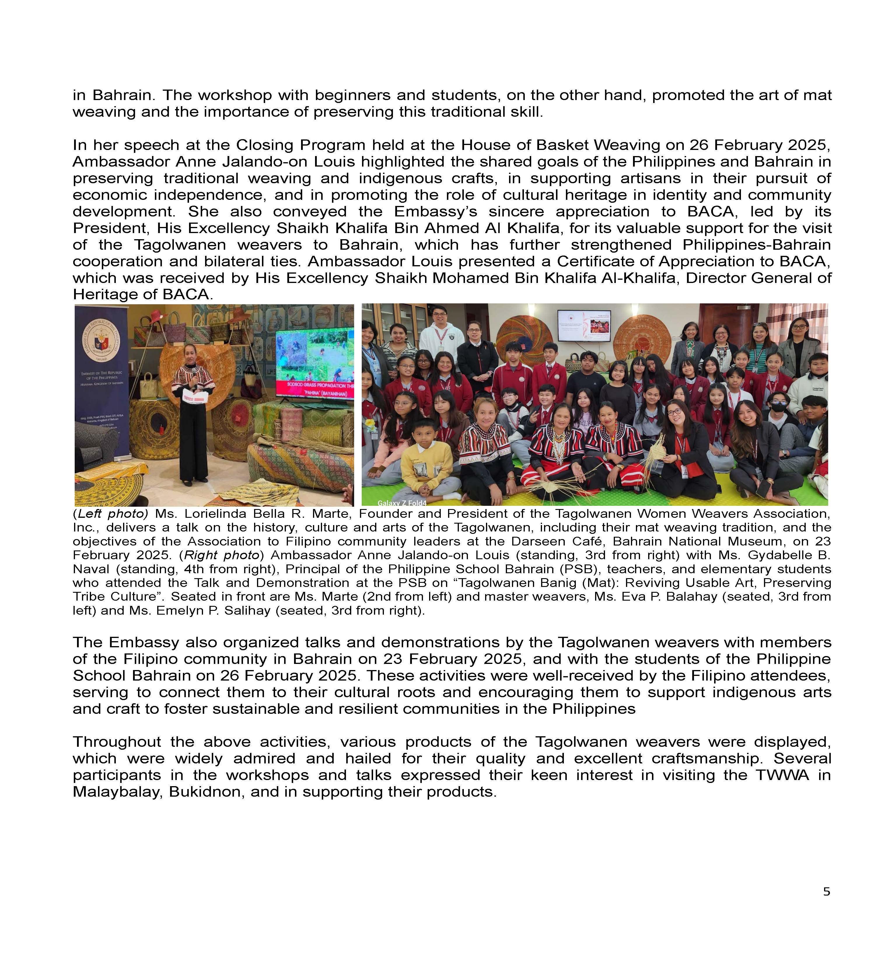 PR AJL 4 2025 PHL EMBASSY IN MANAMA IN COOPERATION WITH THE BACA SHOWCASES THE TAGOLWANEN TRADITION AND ART OF MAT WEAVING IN SPRING OF CULTURE FESTIVAL Page 3