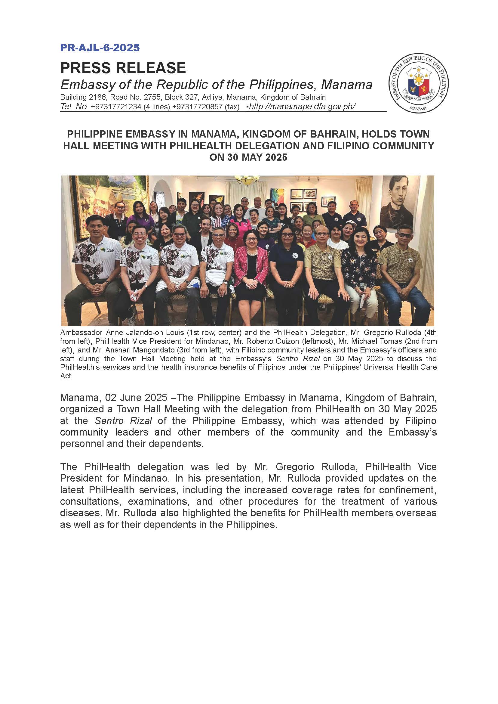 PR AJL 6 2025 PHILIPPINE EMBASSY IN MANAMA KINGDOM OF BAHRAIN HOLDS TOWN HALL MEETING WITH PHILHEALTH DELEGATION AND FILIPINO COMMUNITY ON 30 MAY 2025.docx Page 1