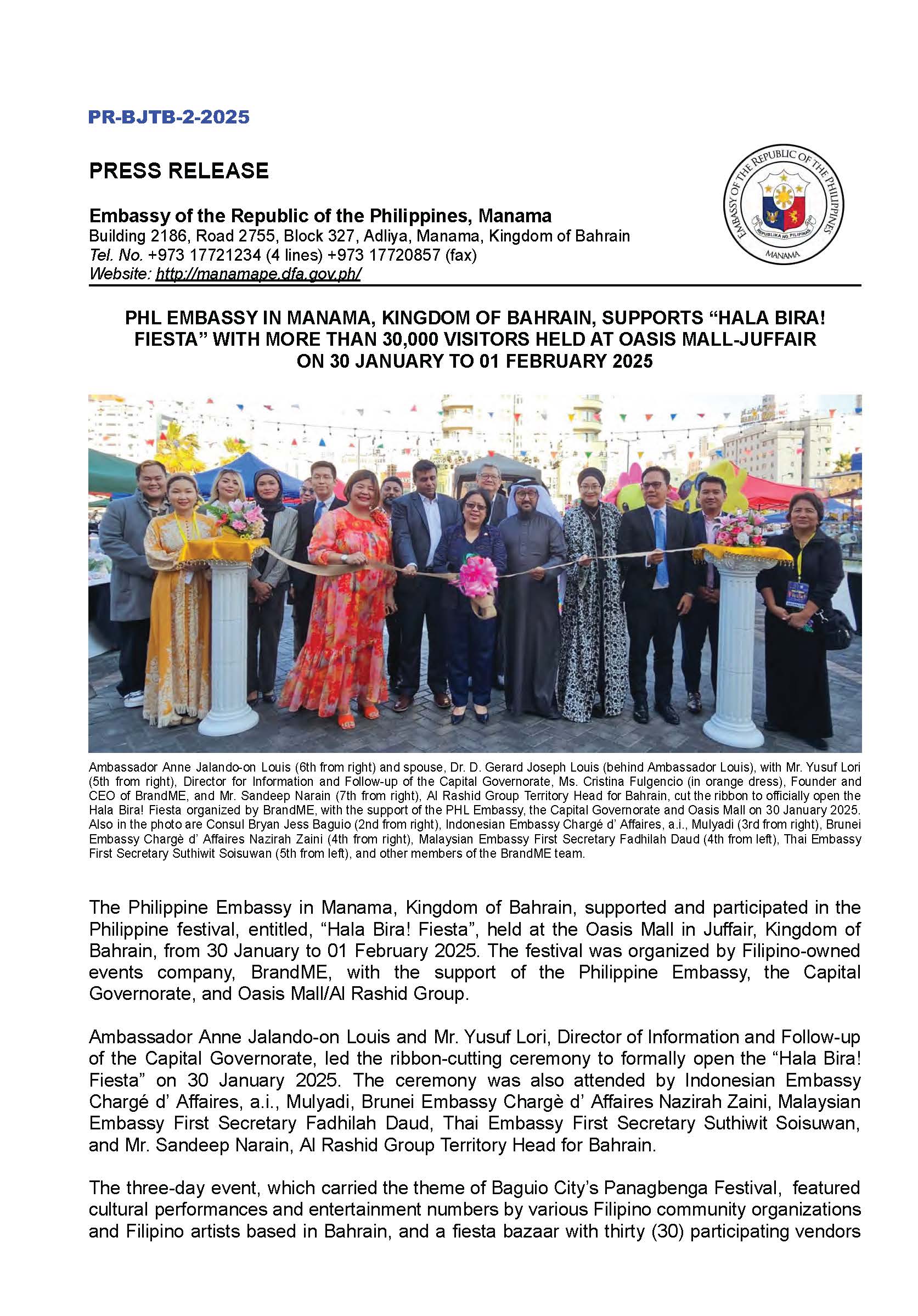 PR BJTB 2 2025 PHL EMBASSY IN MANAMA KINGDOM OF BAHRAIN SUPPORTS HALA BIRA FIESTA WITH MORE THAN 30000 VISITORS HELD AT OASIS MALL JUFFAIR ON 30 JANUARY TO 01 FEBRUARY 2025 Page 1