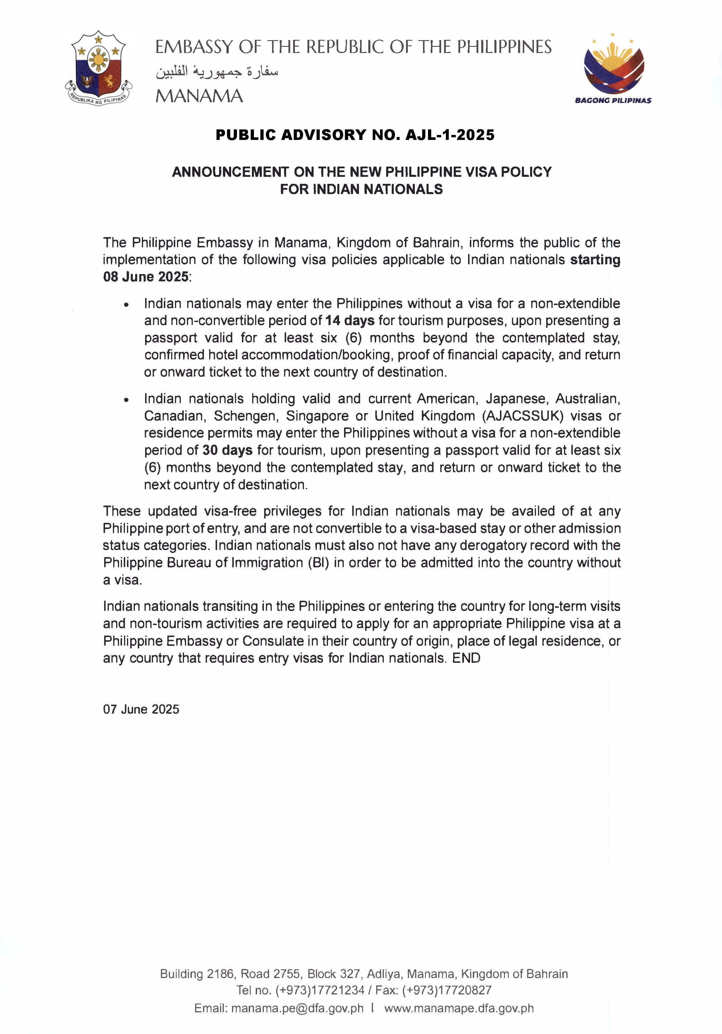 Public Advisory No. AJL 1 2025 Announcement on the New PHL Visa Policy for Indian Nationals