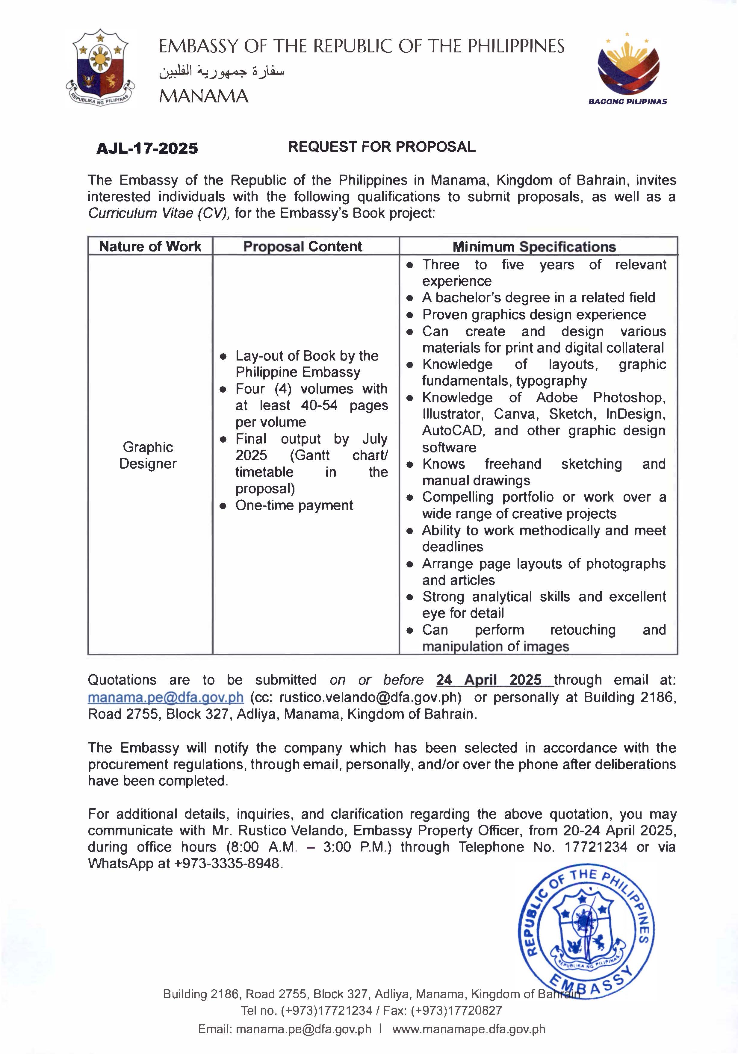 AJL 17 2025 REQUEST FOR PROPOSALS FOR GRAPHIC DESIGNER FOR THE BOOK PROJECT OF THE EMBASSY