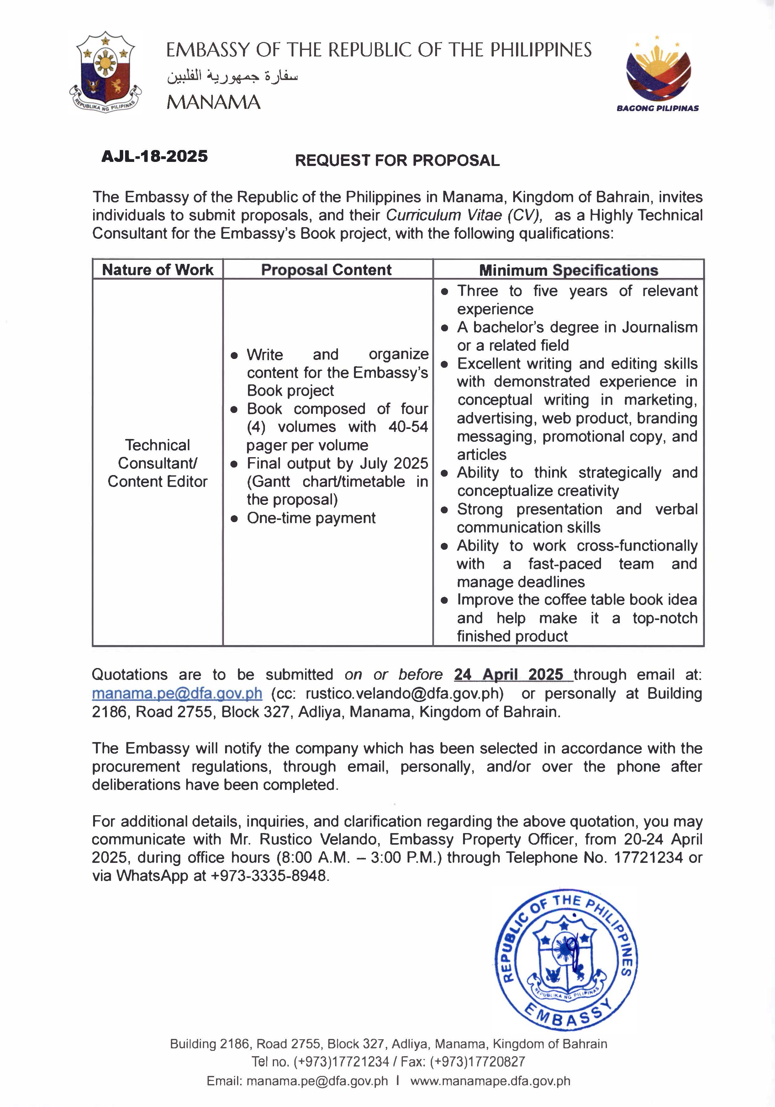 AJL 18 2025 REQUEST FOR PROPOSALS FOR TECHNICAL CONSULTANT OR CONTENT EDITOR FOR THE BOOK PROJECT OF THE EMBASSY