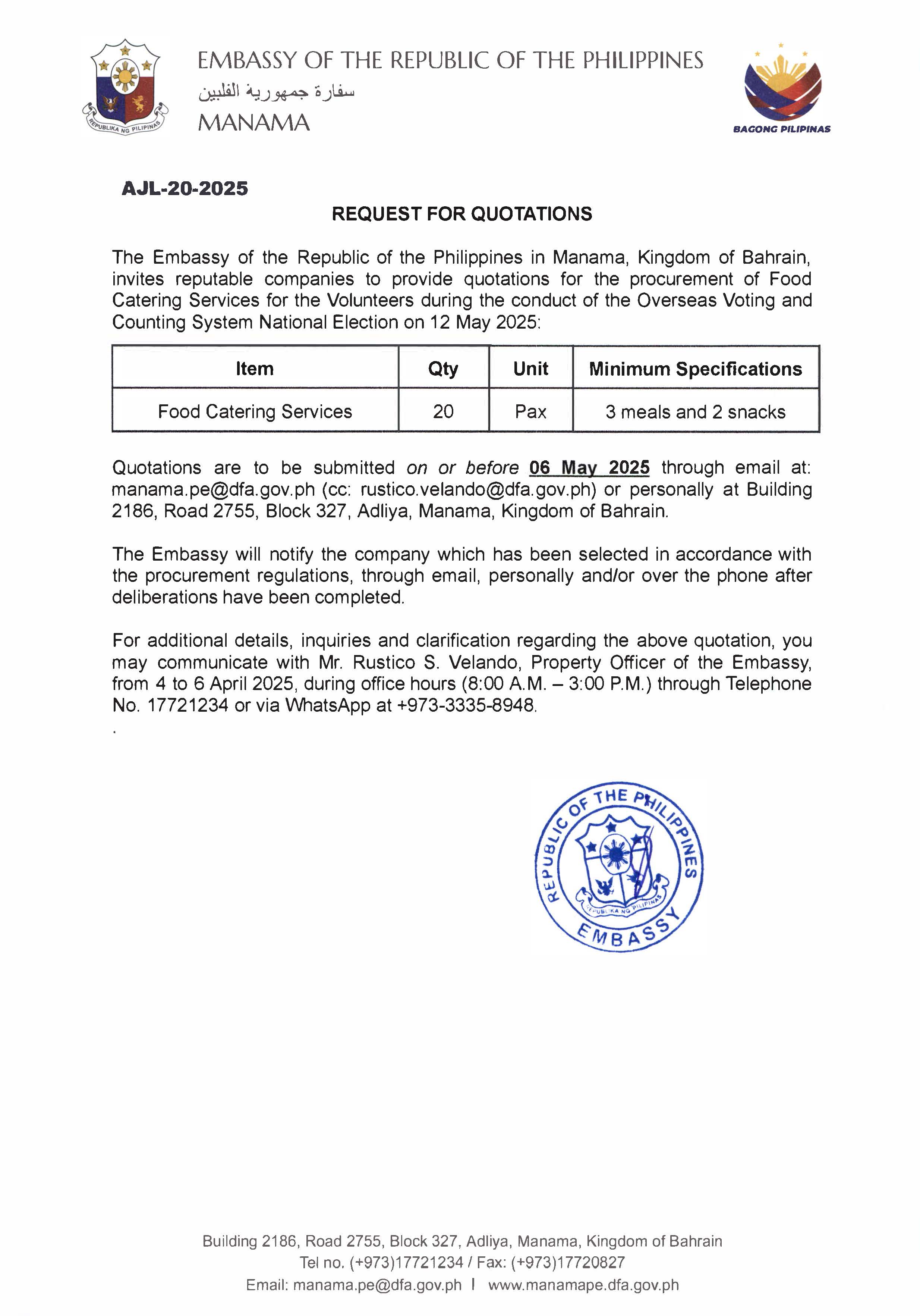 AJL 20 2025 REQUEST FOR QUOTATIONS FOR THE PROCUREMENT OF FOOD CATERING SERVICES FOR THE VOLUNTEERS ON 12 MAY 2025