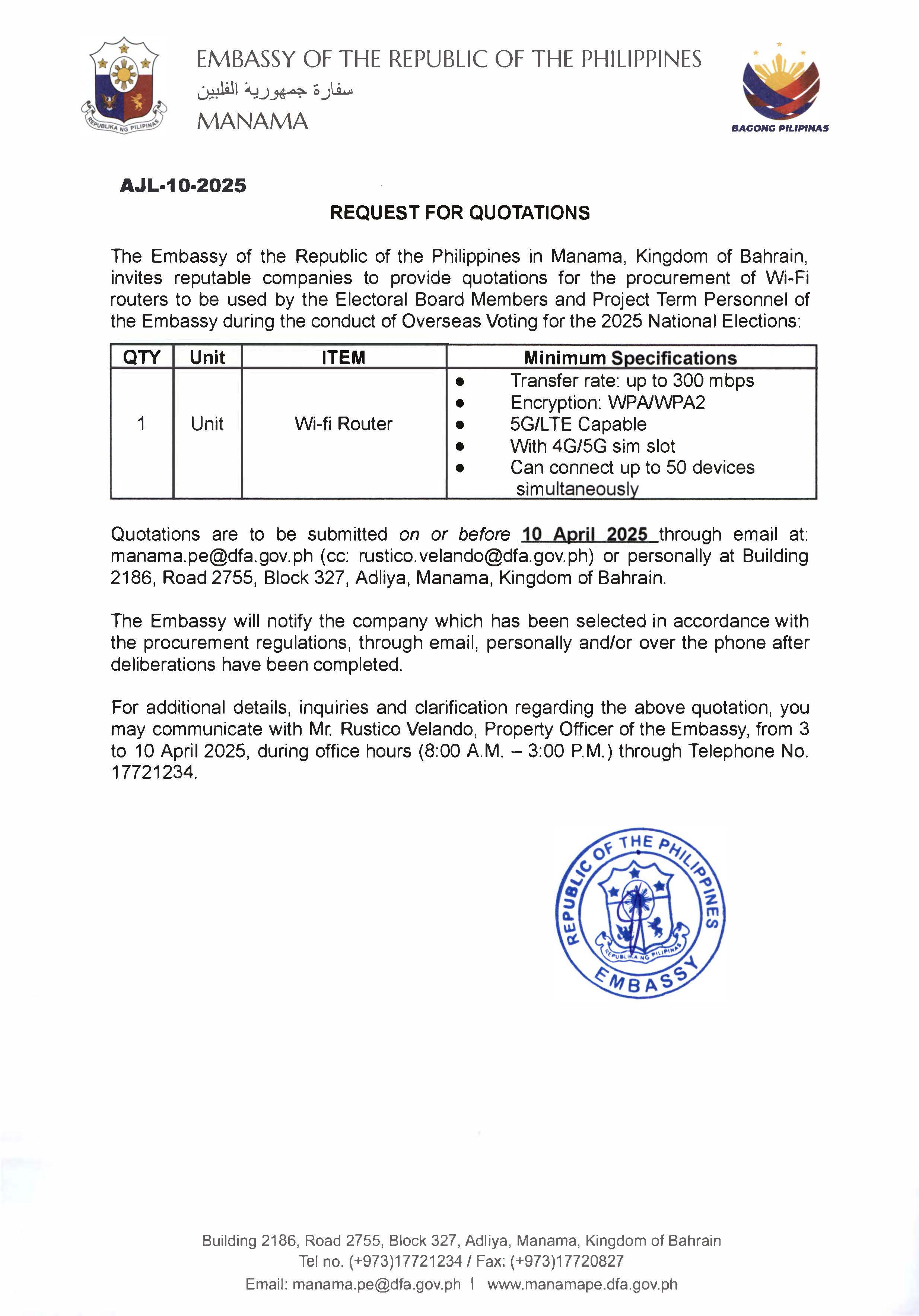 AJL 10 2025 REQUEST TO PROVIDE QUOTATIONS FOR THE PROCUREMENT OF WI FI ROUTERS