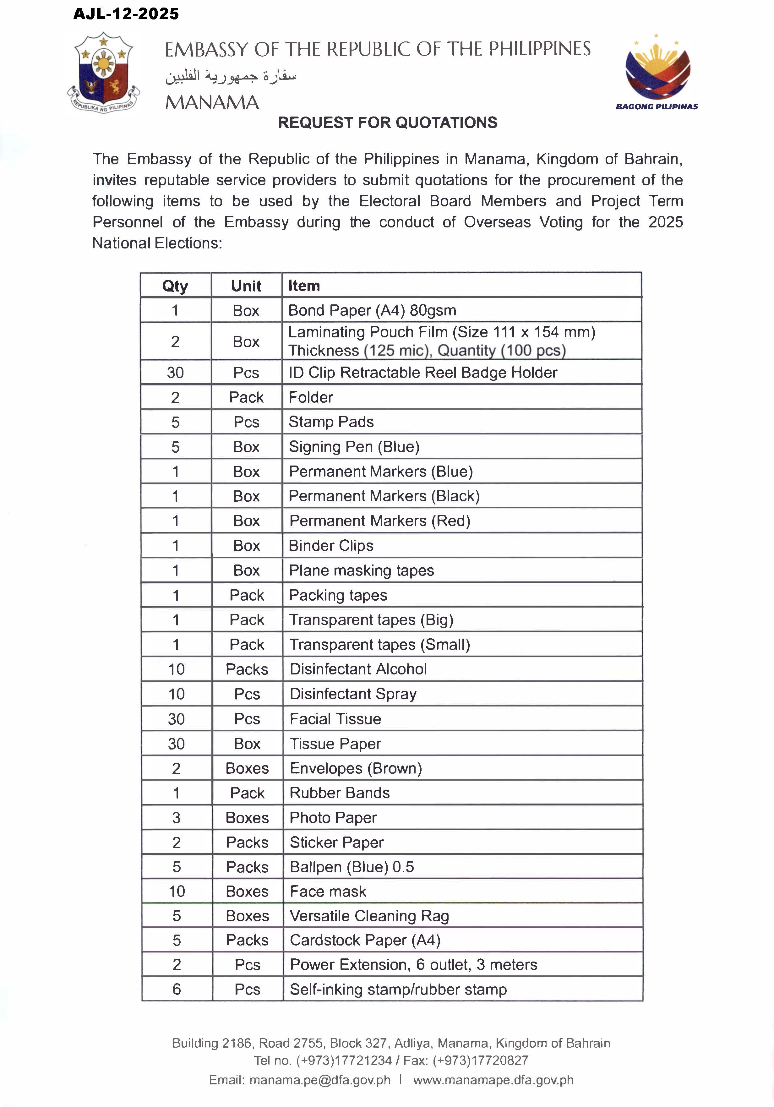 AJL 12 2025 REQUEST TO PROVIDE QUOTATIONS FOR THE PROCUREMENT OF ITEMS TO BE USED BY THE ELECTORAL BOARD MEMBERS Page 1