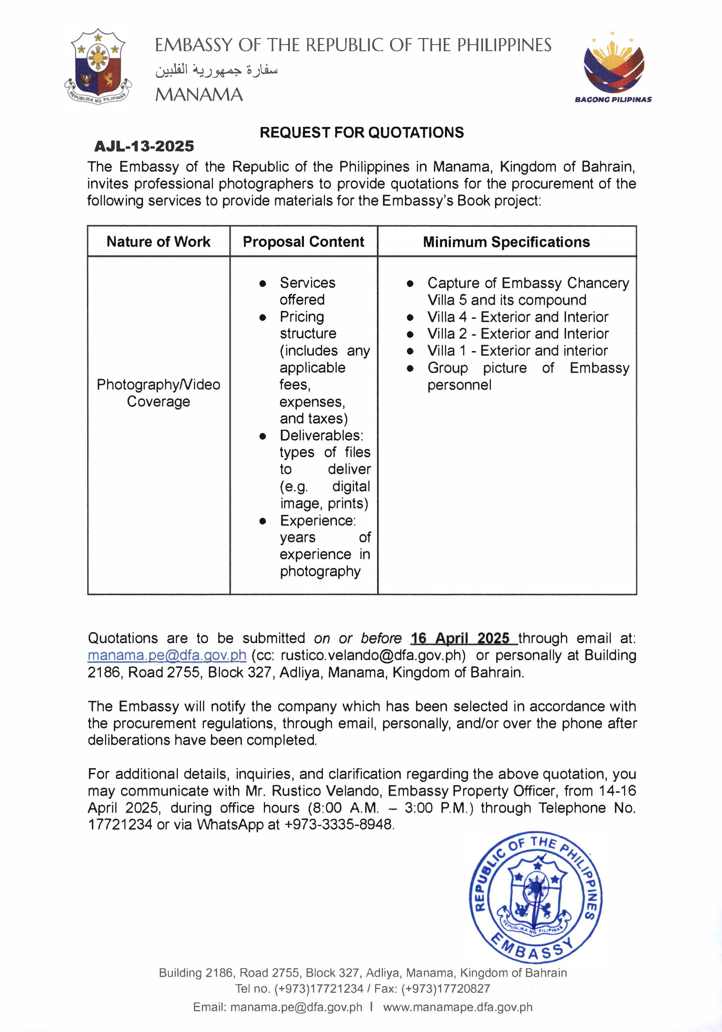 AJL 13 2025 REQUEST TO PROVIDE QUOTATIONS FOR THE PROCUREMENT OF PHOTOGRAPHY OR VIDEO COVERAGE SERVICES