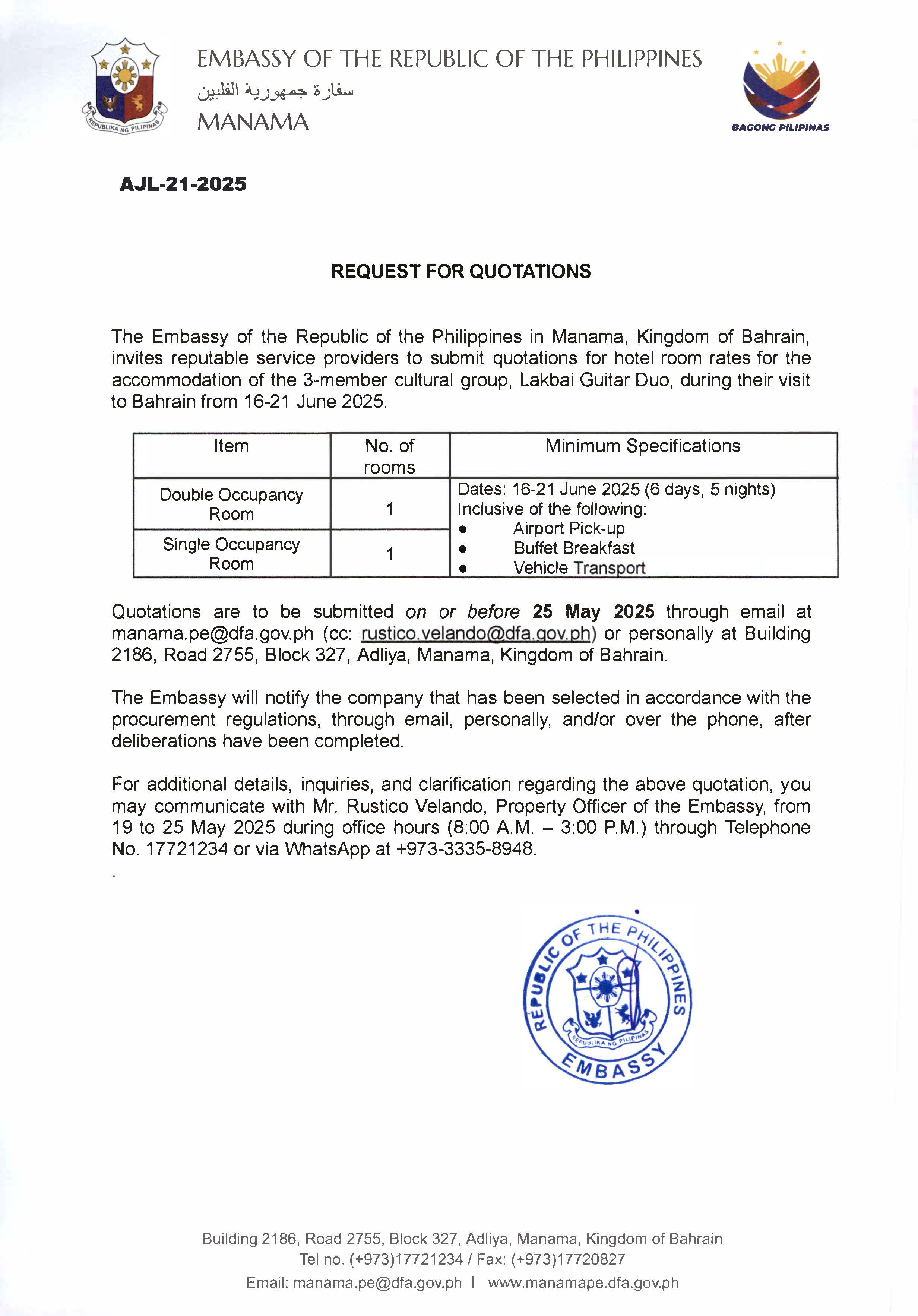 AJL 21 2025 REQUEST FOR QUOTATIONS FOR HOTEL ROOMS FOR THE ACCOMMODATION OF LAKBAI GUITAR DUO OF