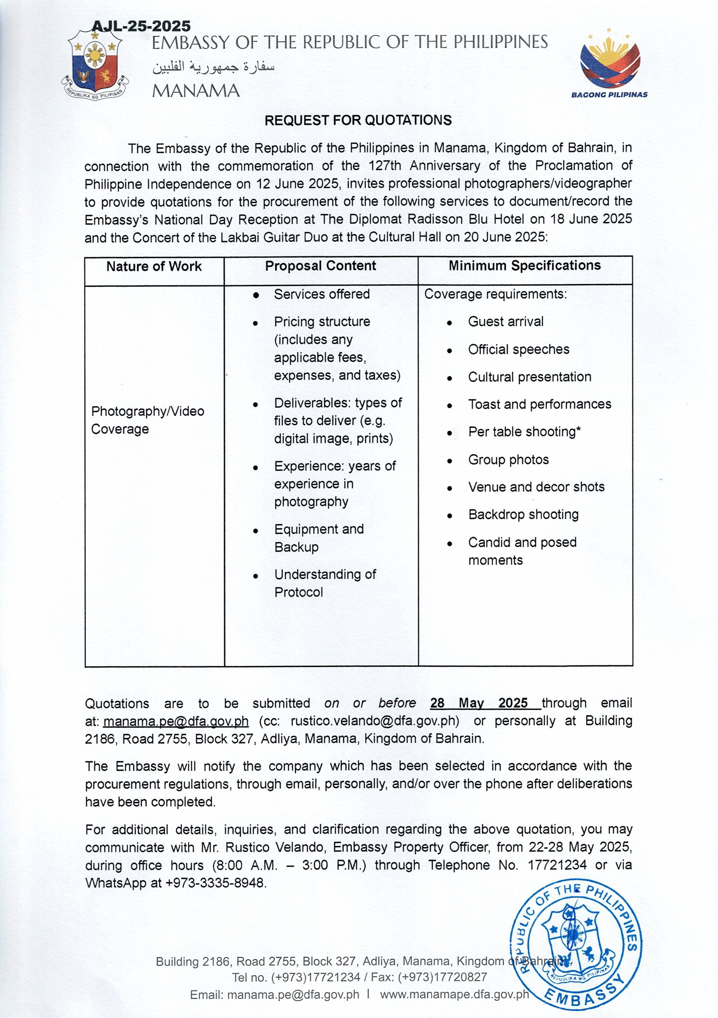 AJL 25 2025 REQUEST FOR QUOTATIONS FOR THE PROCUREMENT OF PHOTOGRAPHY OR VIDEO SERVICES