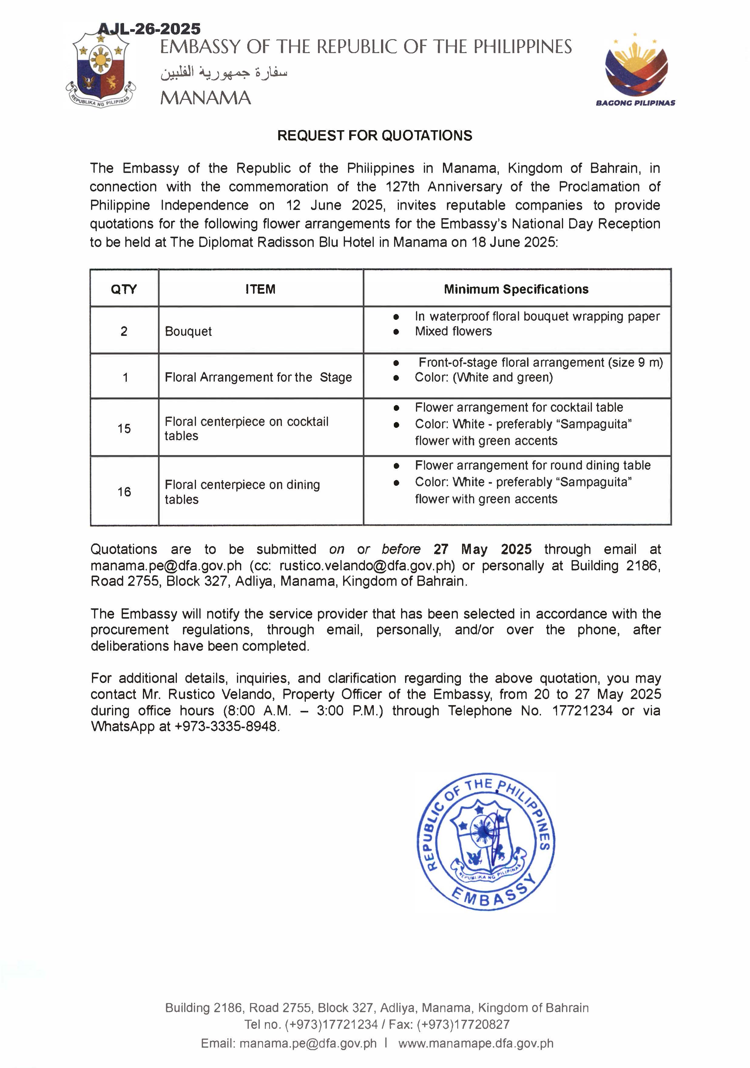 AJL 26 2025 REQUEST FOR QUOTATIONS FOR FLOWER ARRANGEMENTS FOR THE NATIONAL DAY RECEPTION